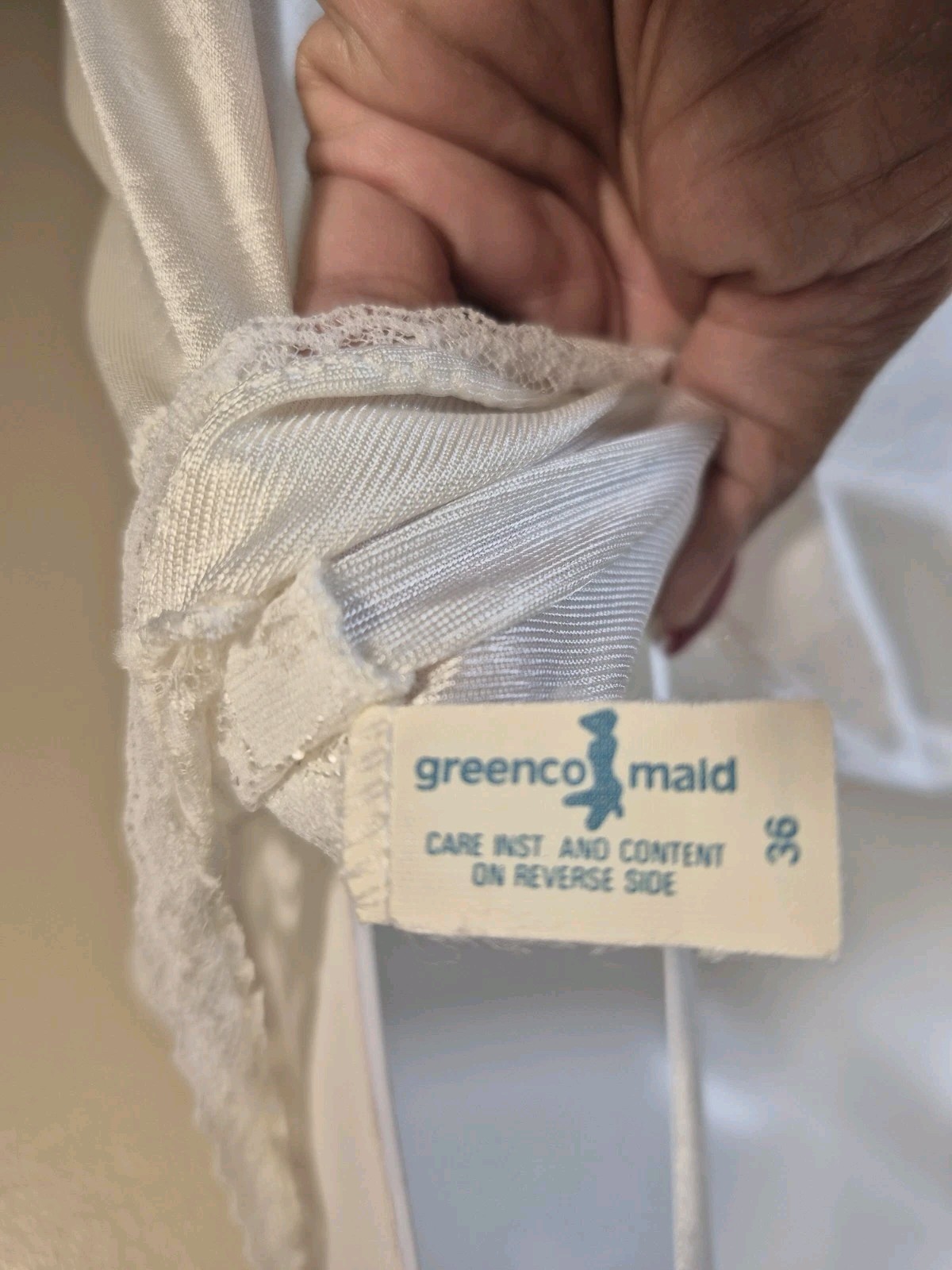 White Satin Lace Slip Nightgown Greenco Maid 36 Vintage Lingerie Boudoir Coquett