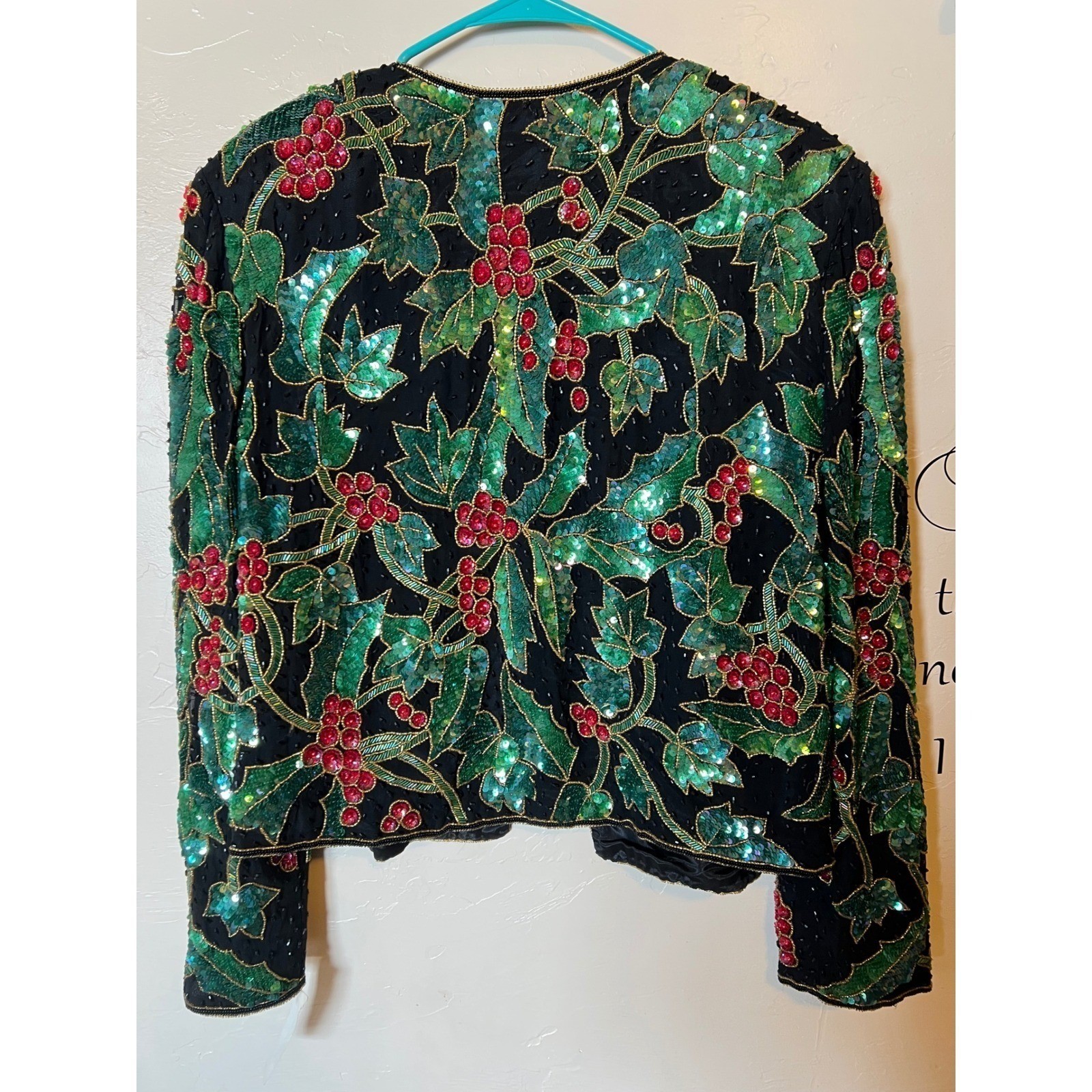 Niteline Della Roufogali Vintage 90s Sequin Holly Berry Silk Jacket NWT Holiday