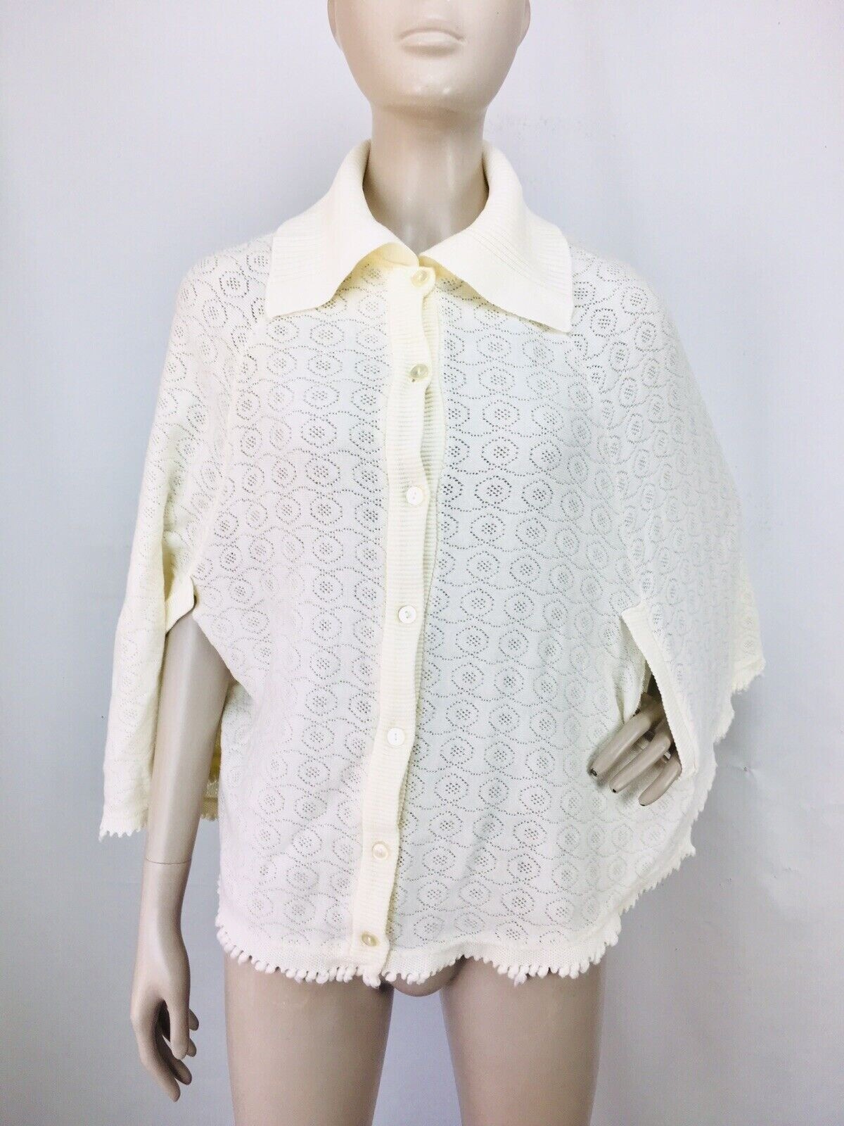 70s Vintage Ivory Crochet Knit Button-Down Poncho Cape Shawl Sweater