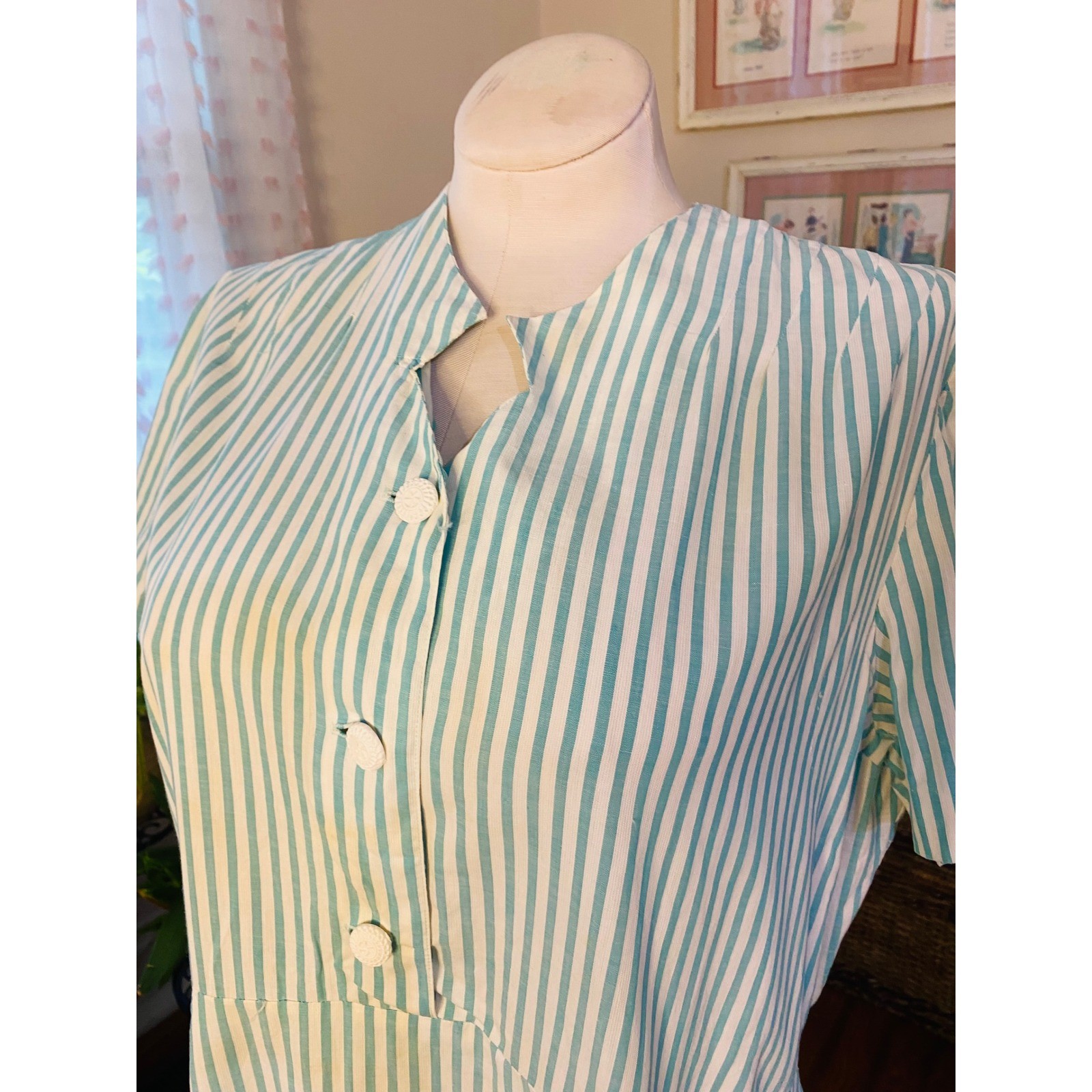 VTG 50’s Teal White Striped Short Sleeve Day Dress handmade rockabilly