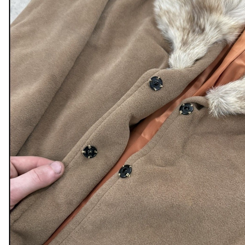 Vintage 60s lorendale by bromleigh union made Tan Longline Coat Faux Fur Collar