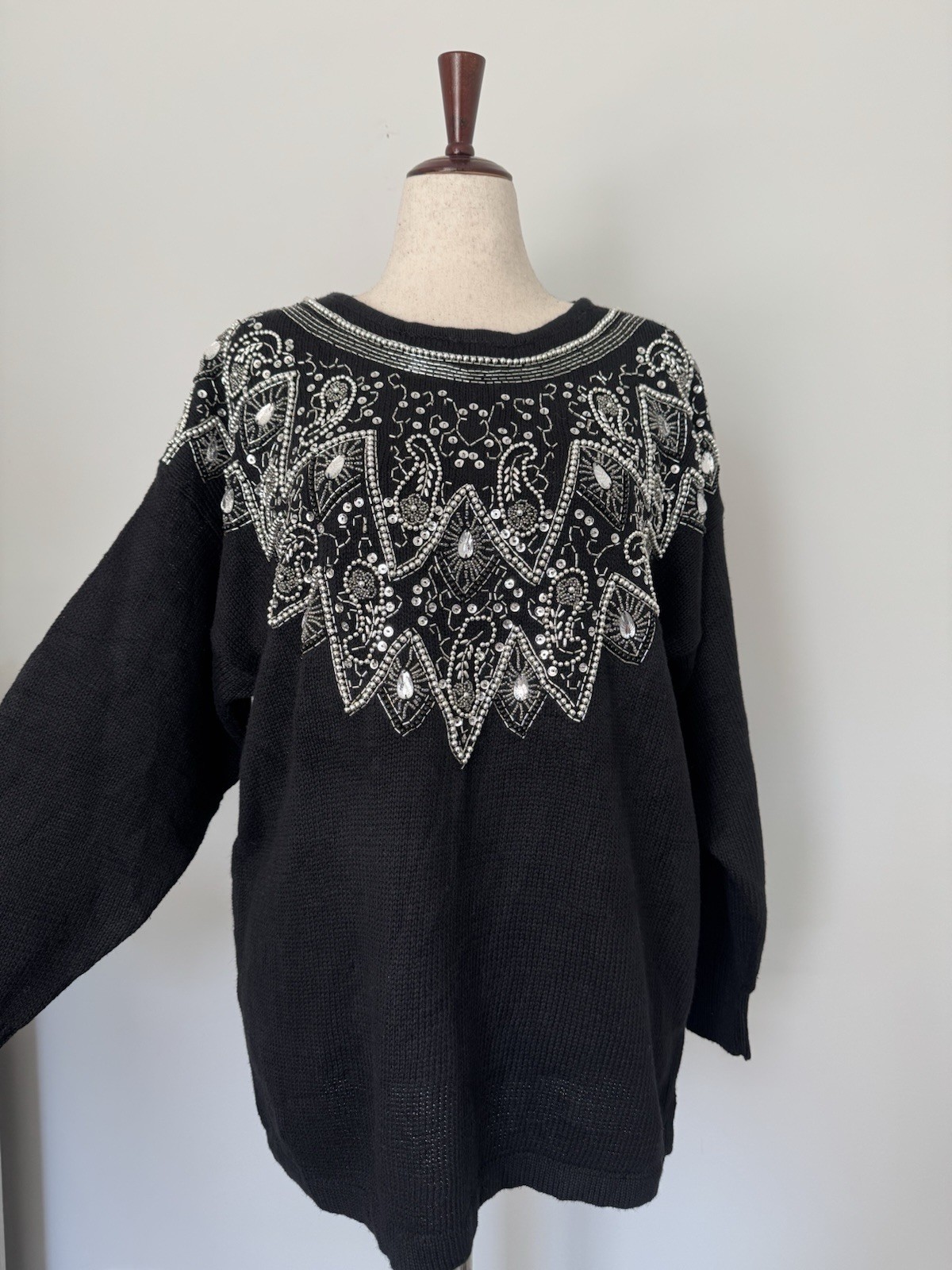 Maurada Women’s 1X Black Beaded Embellished Sweater Ramie Cotton Vintage Style