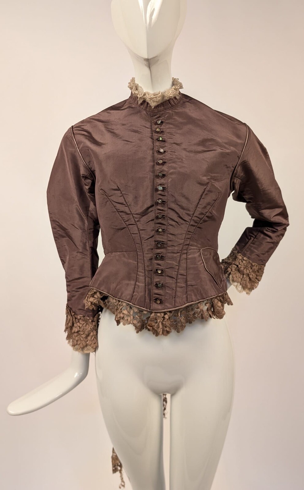 VICTORIAN LATE 1860’S BUSTLE BACK JACKET FOR DRESS W WATCH POCKET + MICA BUTTONS