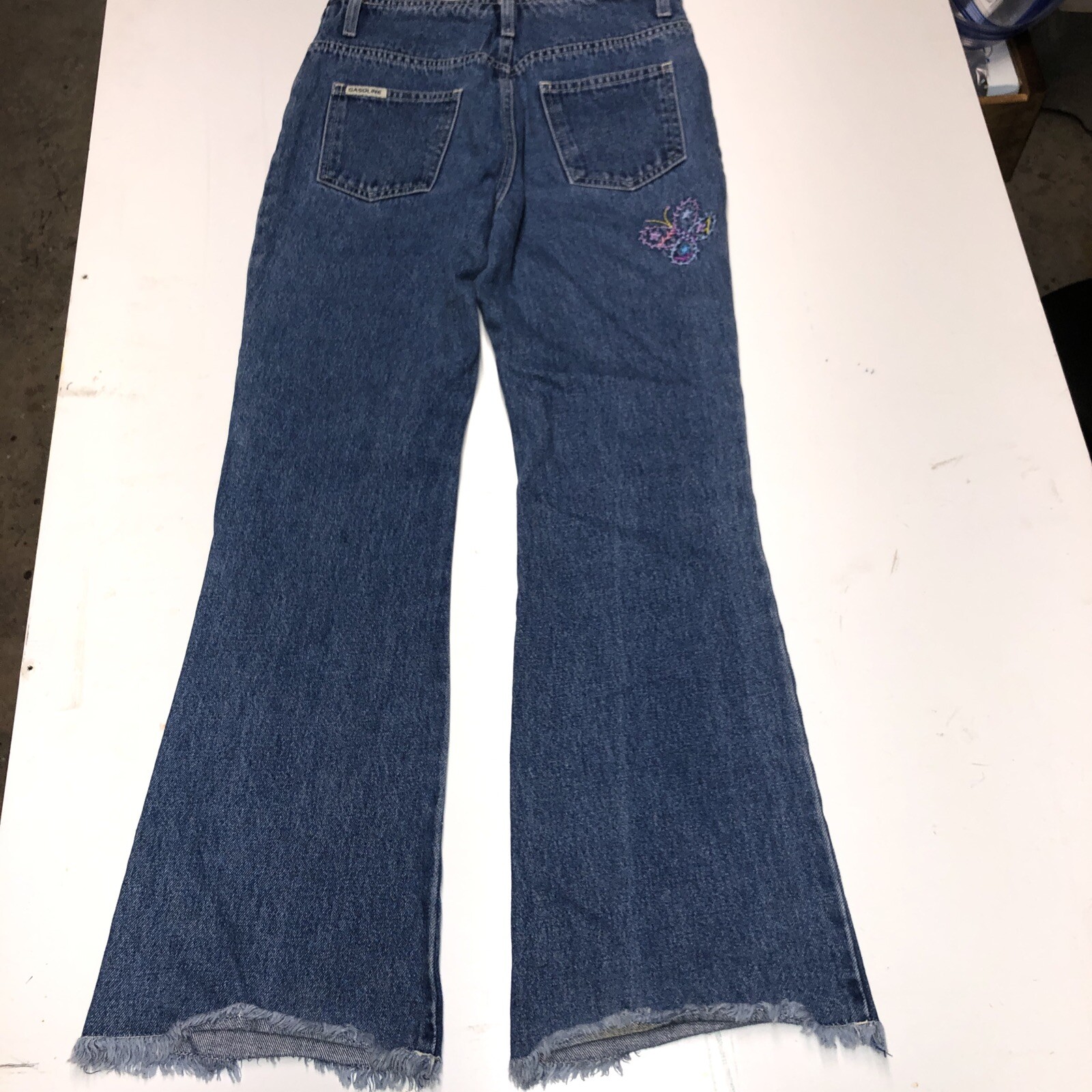 women’s vintage gasoline denim jeans hippie style embroidered wide bottom (J-16)