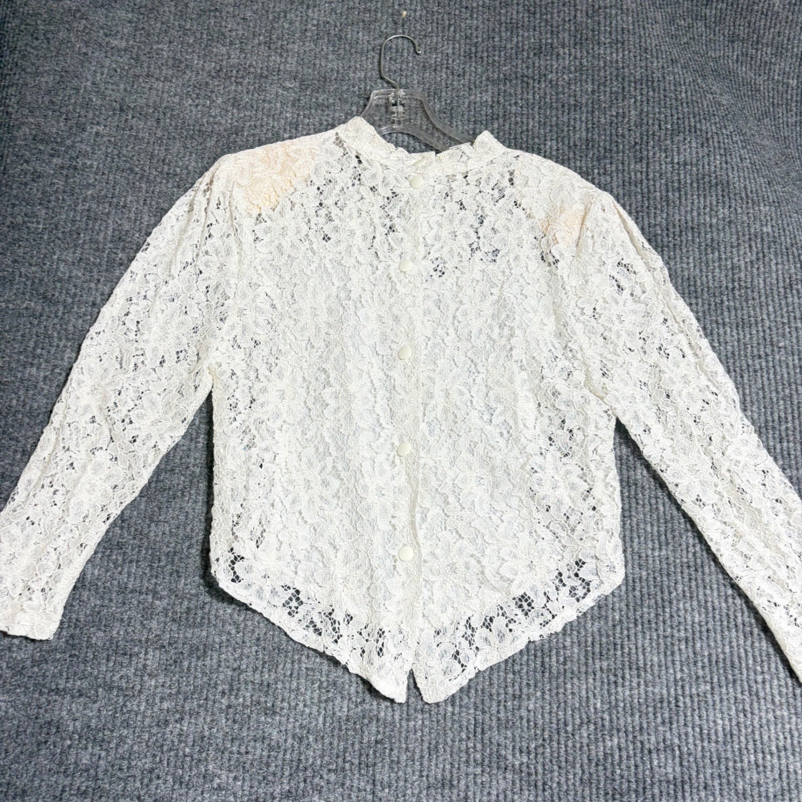 VTG Off White Floral Lace High Neck Button Blouse Sheer Beaded Back Top France