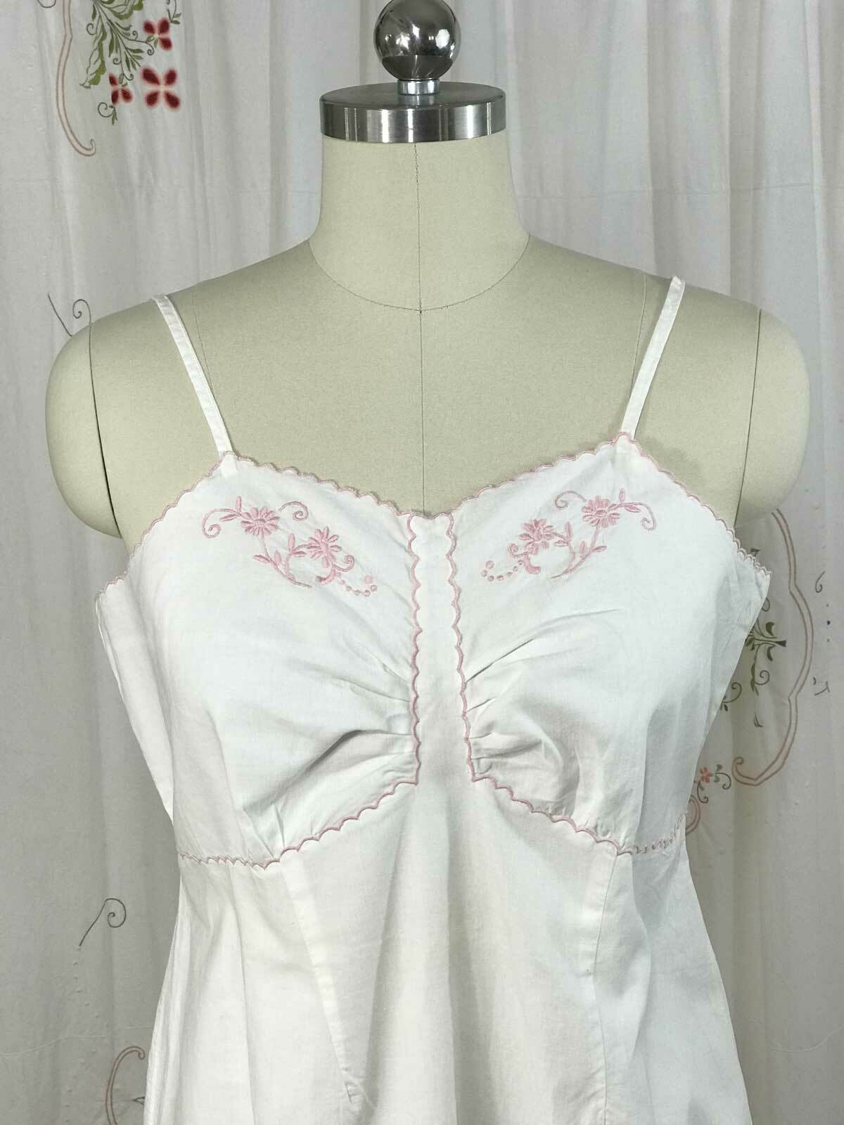 Vtg French White Cotton Slip Summer Day Dress Nightgown Pink Embroidery sz M/L