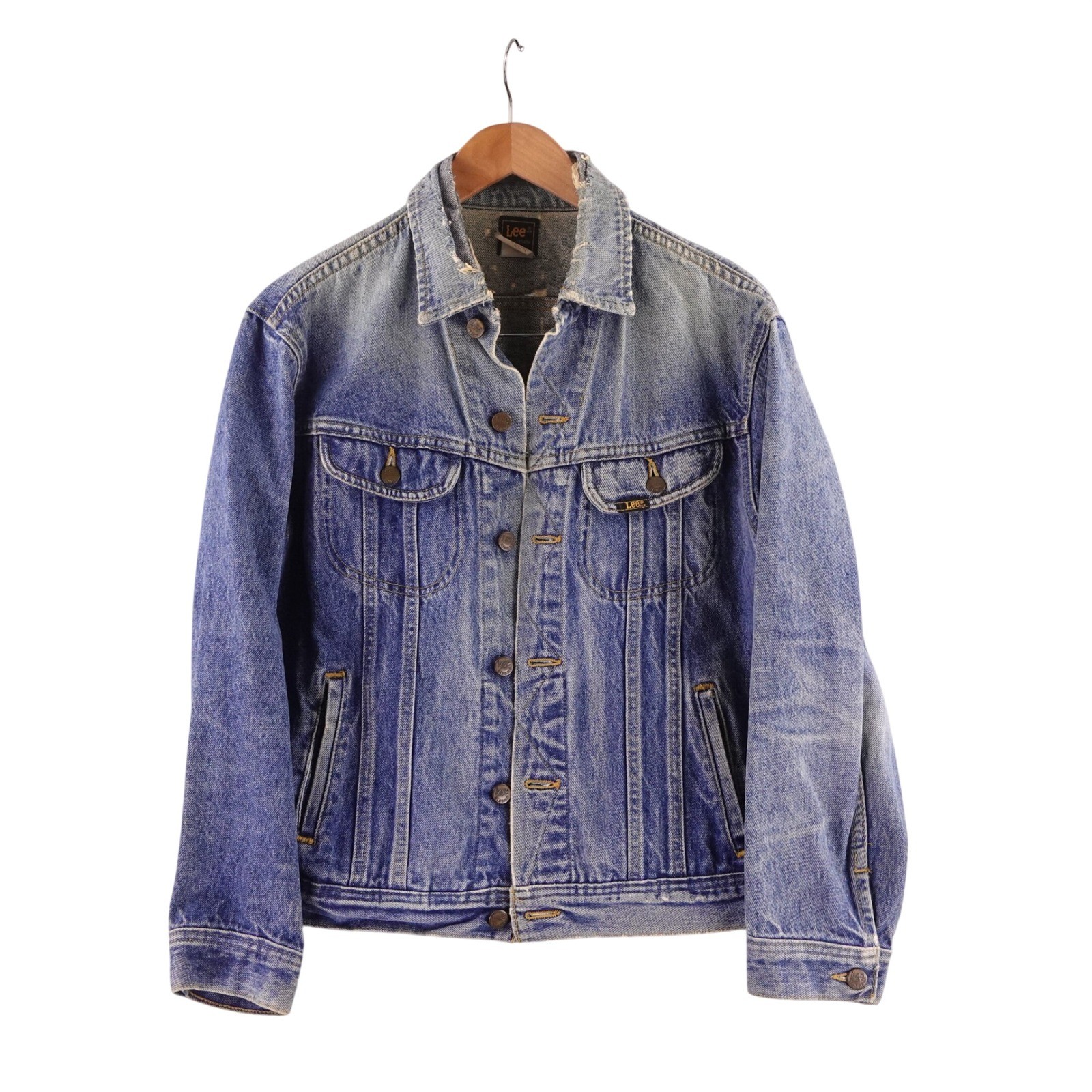 Vintage Lee Denim Trucker Jacket Blue Distressed Made in USA Men S Sanforized