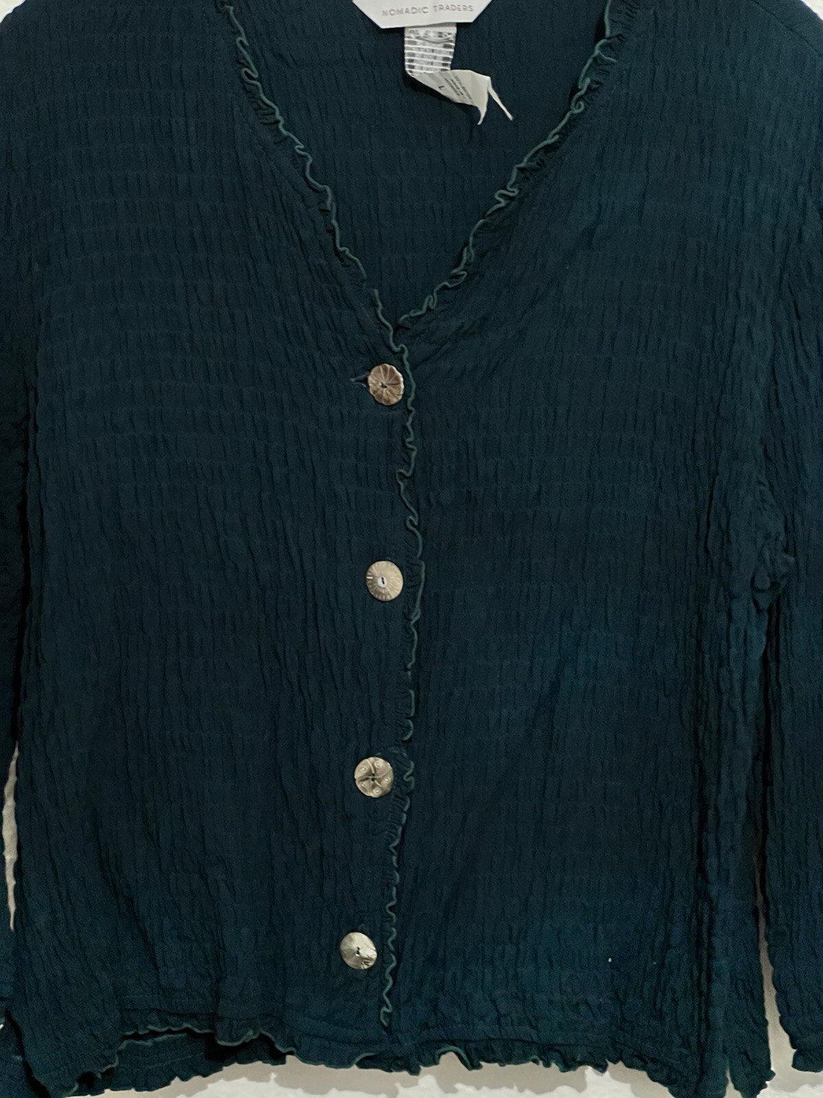 Nomadic Traders Vintage Large Teal Lagenlook Gen Z Smocked Button Down Top