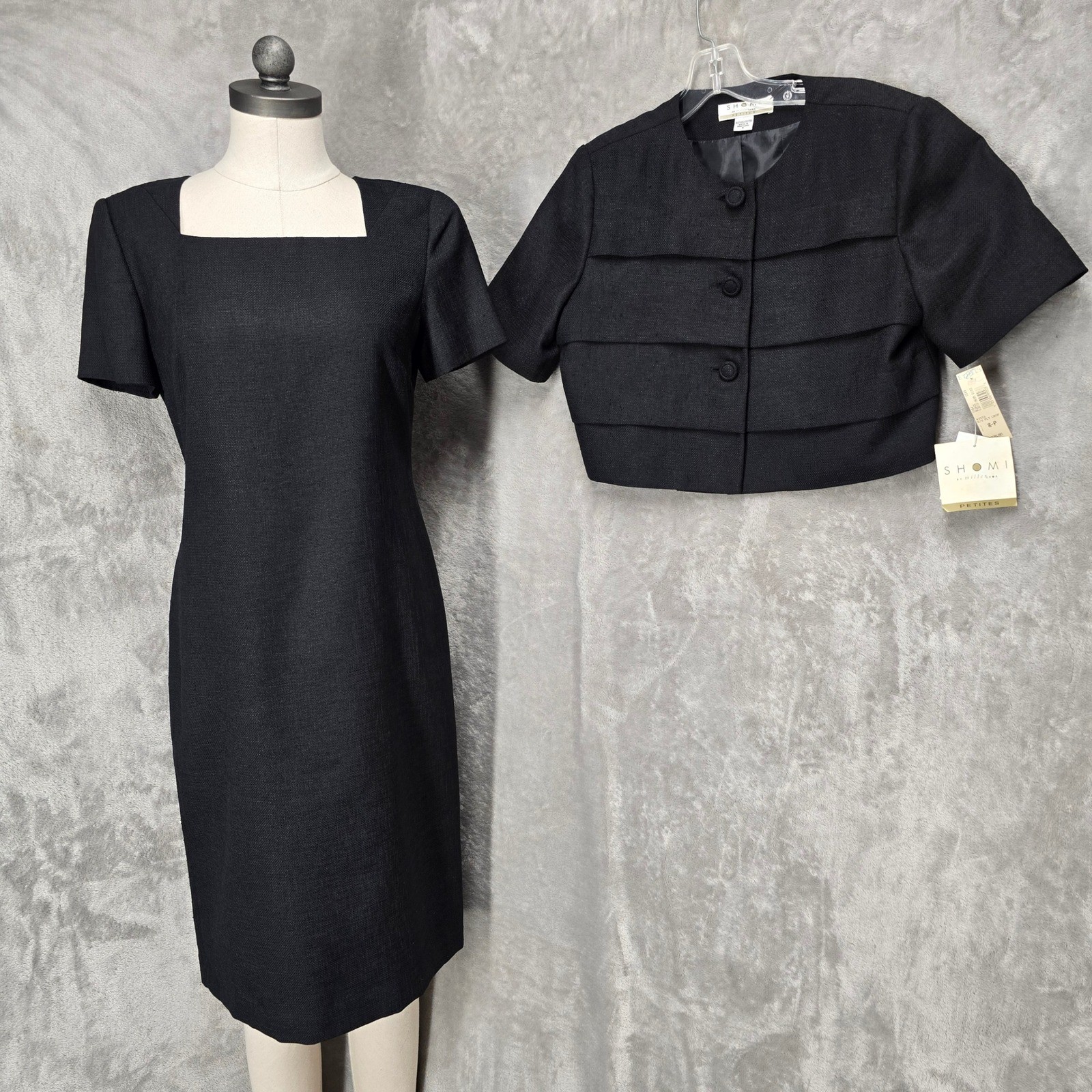 Vintage Shomi Miller Shor Dress Suit Women 8P Black Crop Jacket Sheath Set NEW