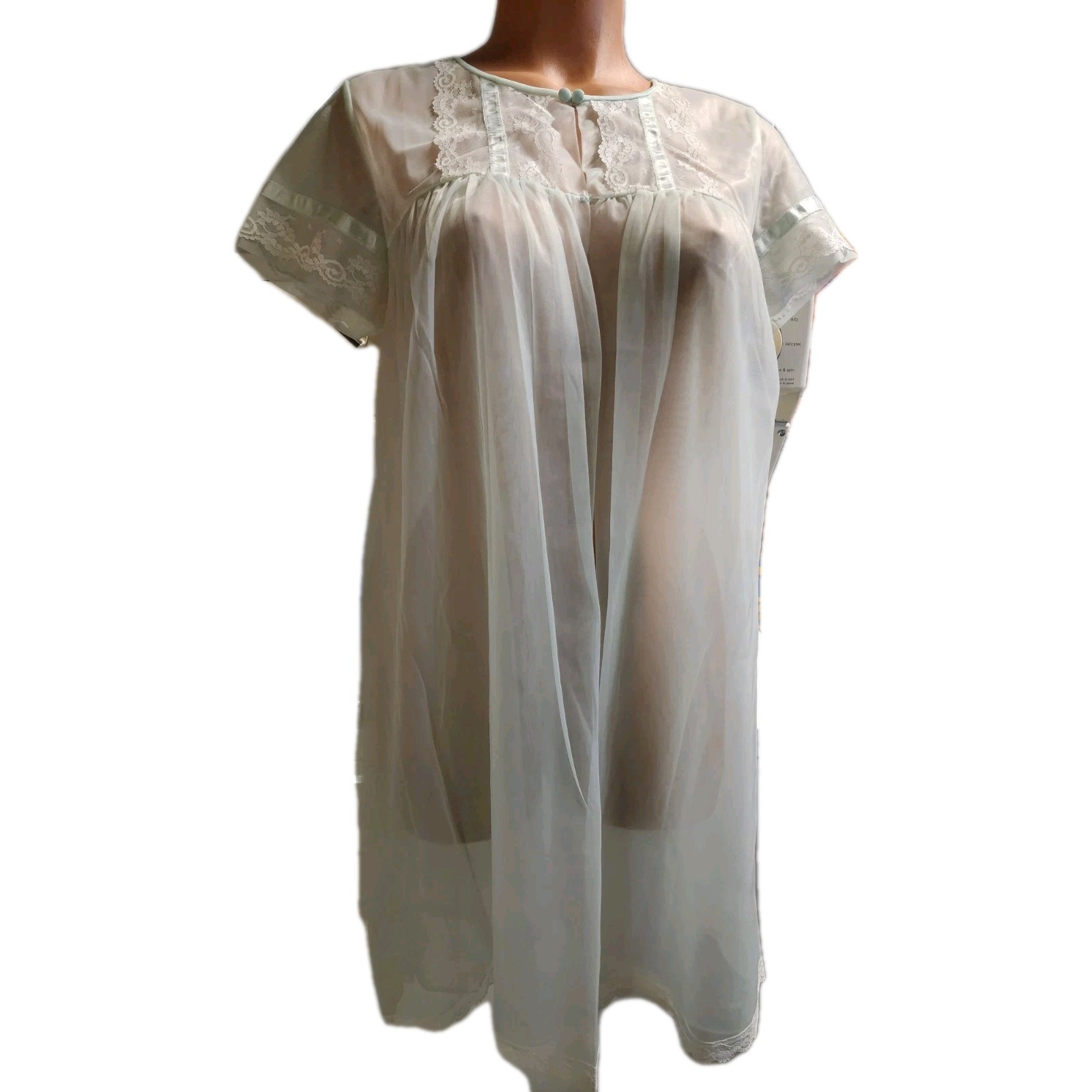 VTG Vanity Fair Chiffon Peignoir Babydoll Robe Lace Ribbon Nylon Baby Blue Sz S