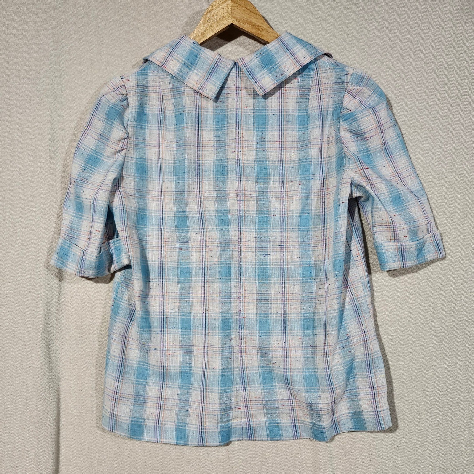 Handmade Vintage Blue Plaid Tunic Top Short Sleeve V-Neck Rainbow 70s Retro Boho