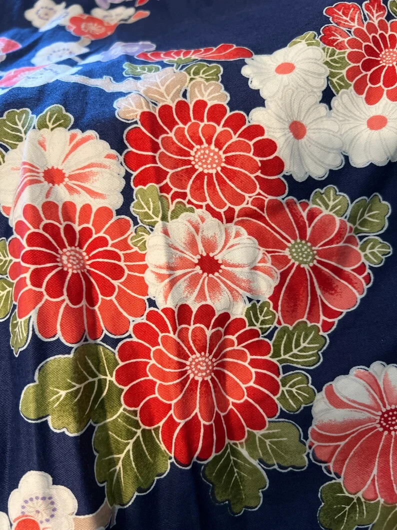 VINTAGE 60s/70s John Wanamaker XL Cotton Blue Floral Kimono Dressing Gown Robe