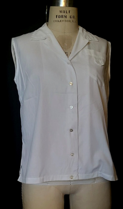 Vtg 1960s MCM Women’s Button Front SLEEVELESS TOP by „SHIP N SHORE” WHITE sz 34