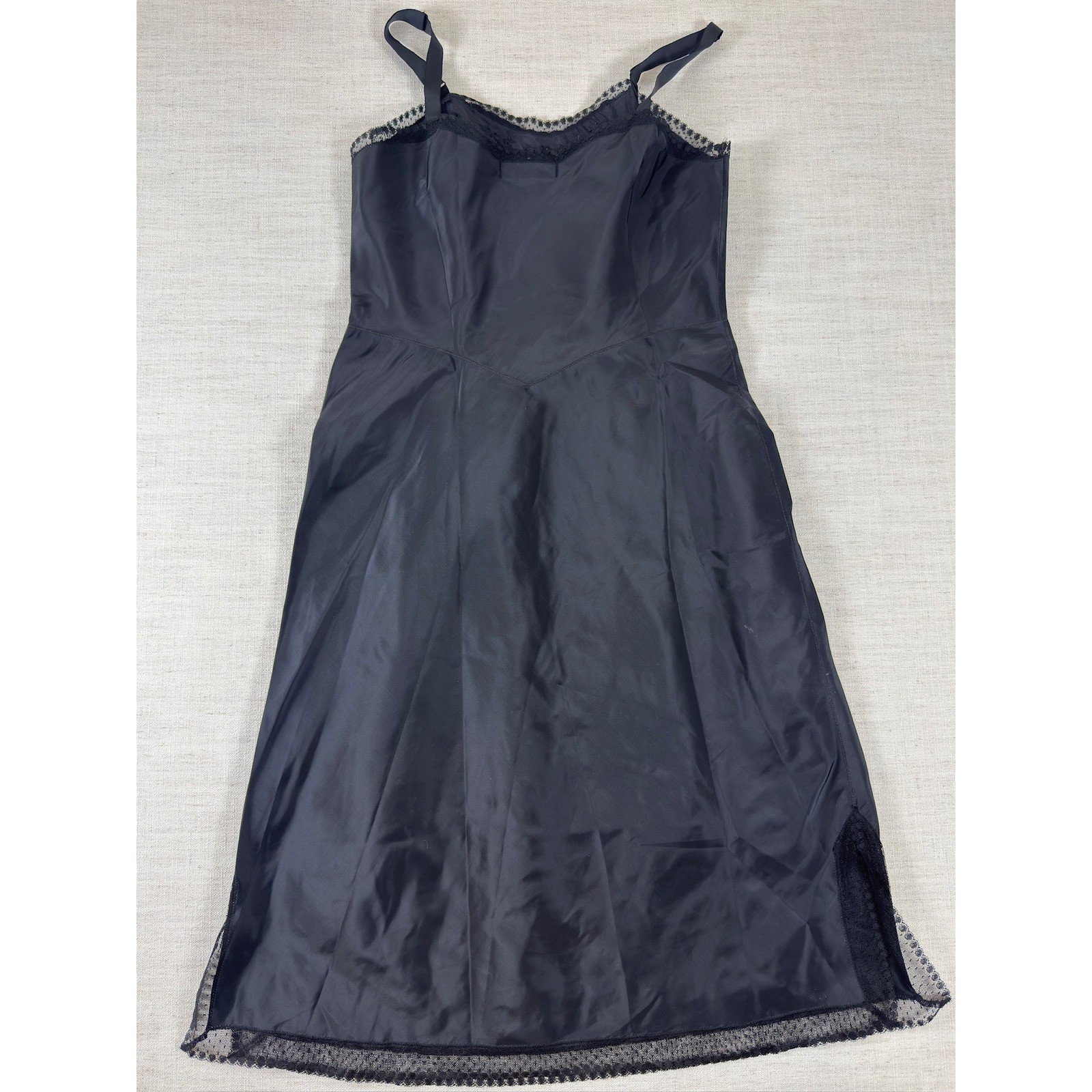 Vintage Barbizon Camiselle Tafredda Black Lace Trim Full Slip Dress Size 14 Miss