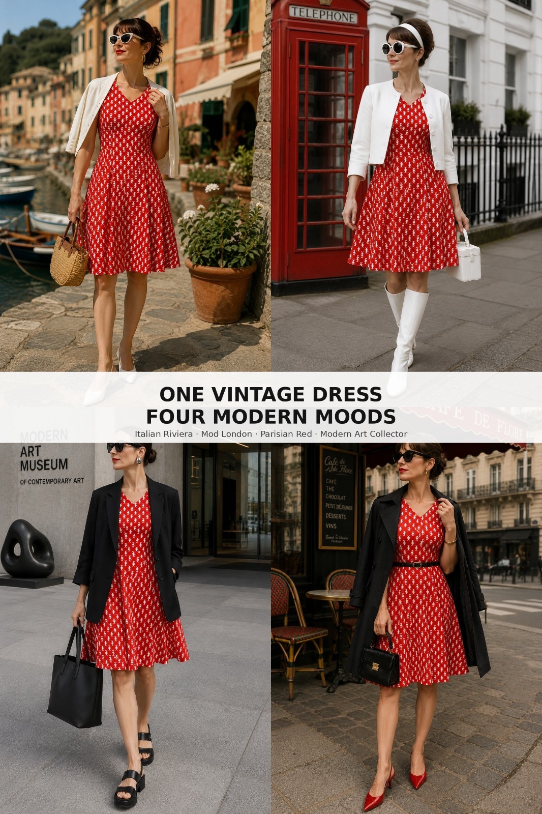 Vintage 60s Twiggy Dress Red White Graphic Pattern A Line Retro Sundress 38-42