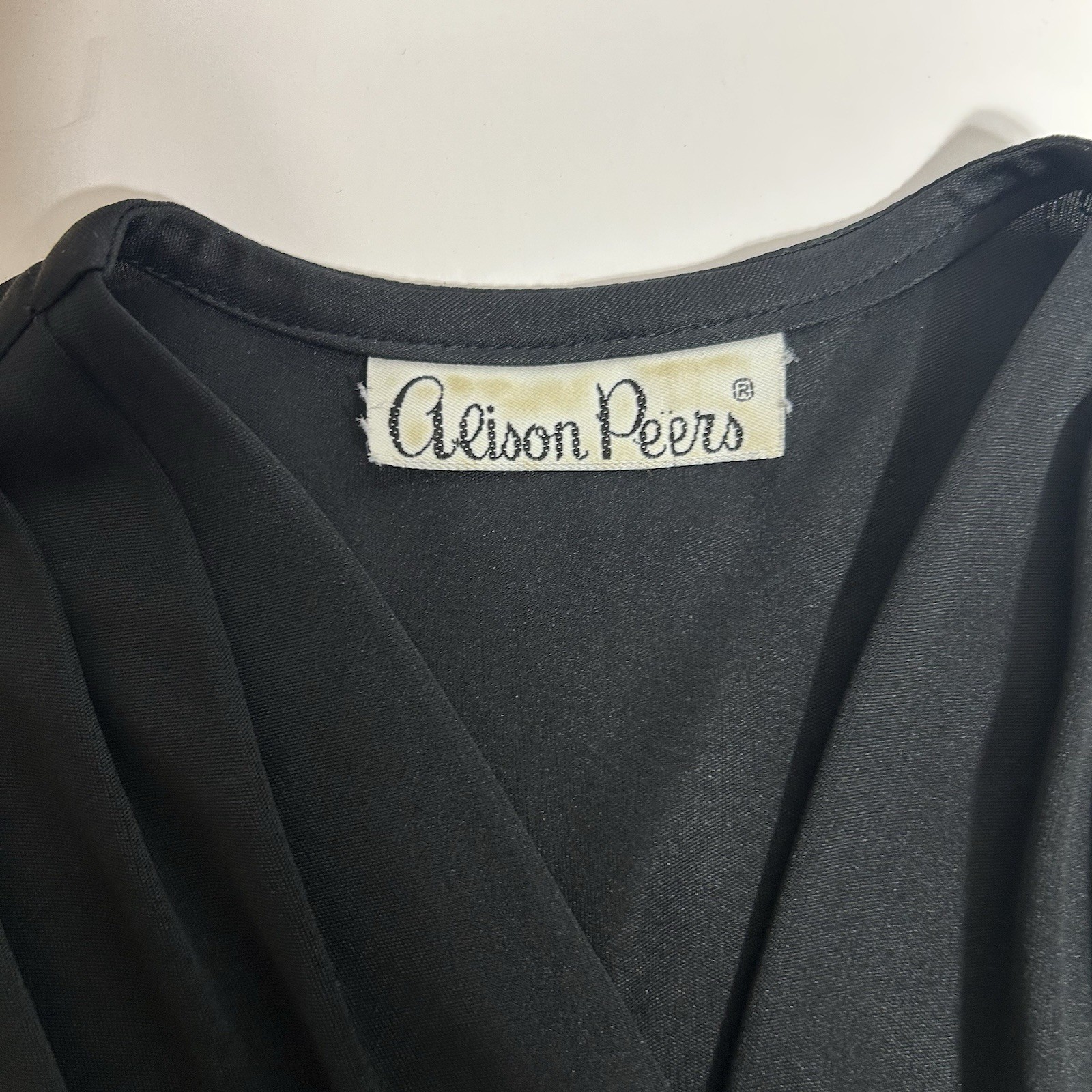Vtg 89s Alison Peters Black Faux Wrap Midi Dress Cap Sleeve Pleated Belt Sz 10 ?