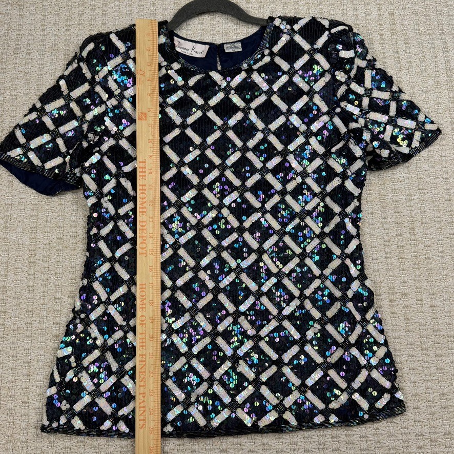 VTG Lawrence Kazar Womens M Silk Sequin Beaded Top Glam Cocktail Party