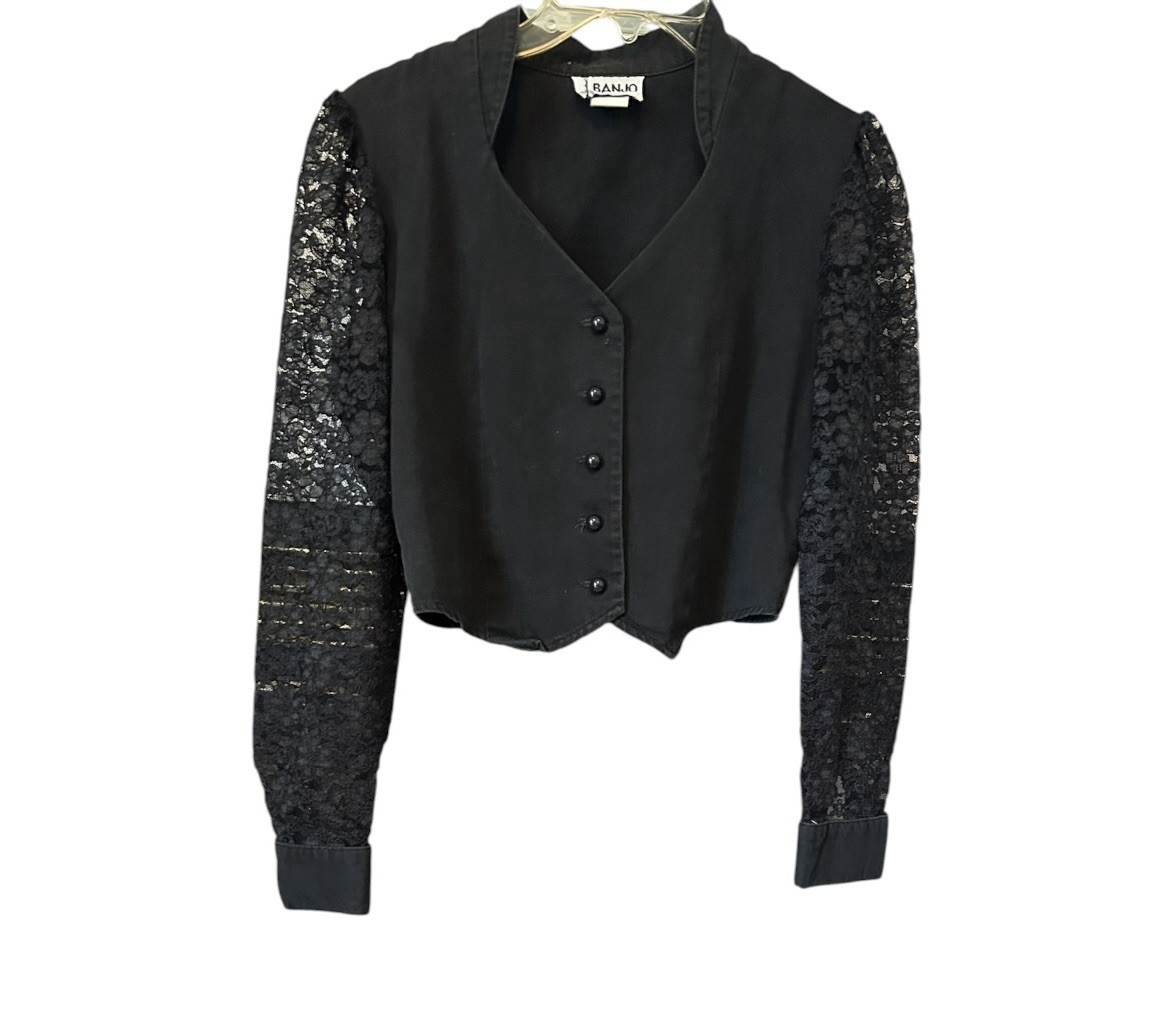 VTG Banjo Dallas Texas Cropped Jacket Sz Small Black Lace Long Sleeves FLAW READ