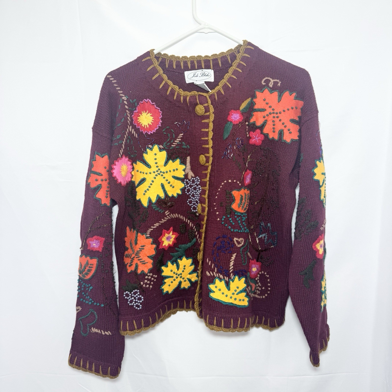 Jodi Blake Embroidered Cardigan L Fall Beaded Knit Folk Art to Wear Maximalist