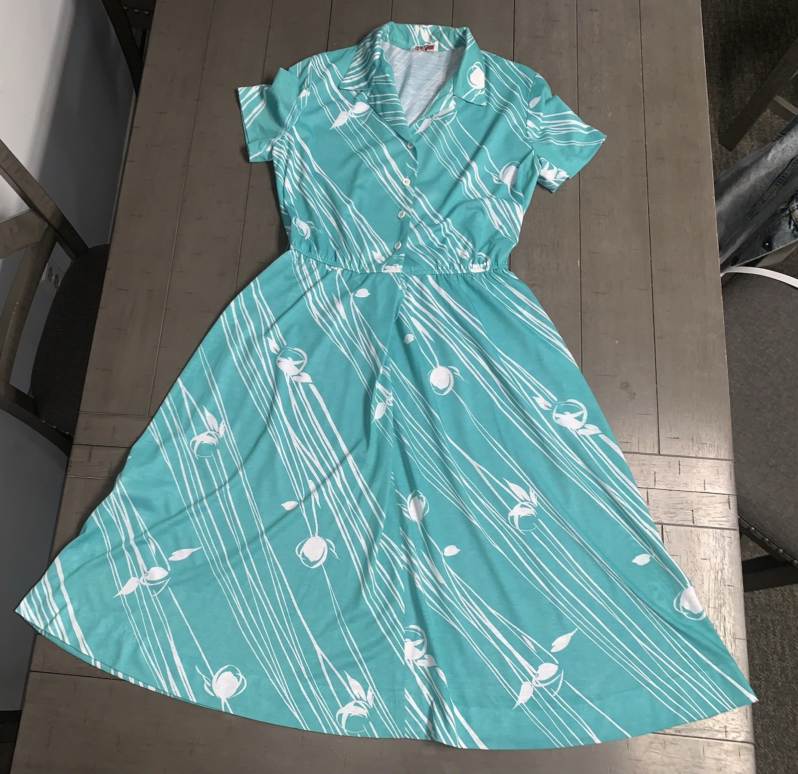 A7 VTG 80s R&K ORIGINALS TROPICAL FLORAL AQUA/WHITE SHIRT DRESS 7/8 ROCKABILLY