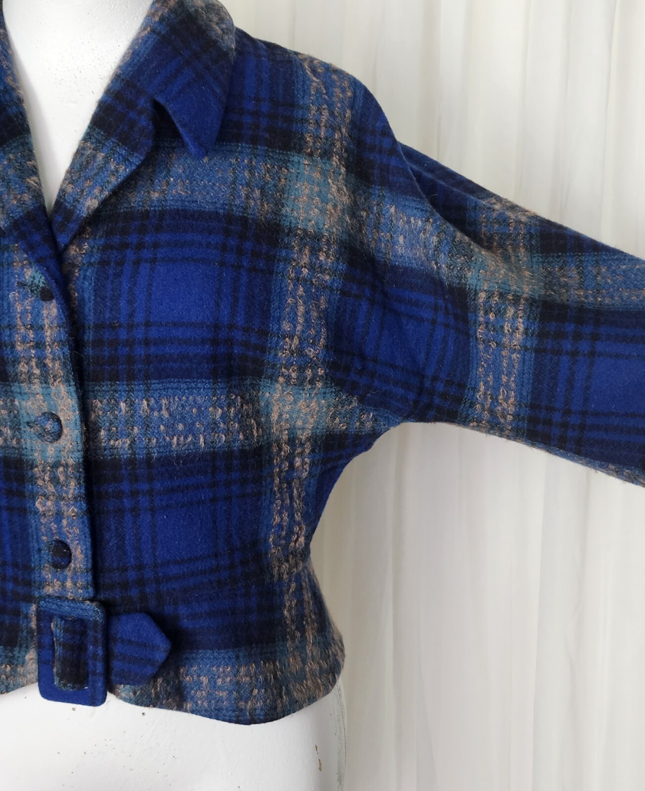 Vintage 40s 50s Earle Picard blue wool tartan plaid jacket skirt suit set S
