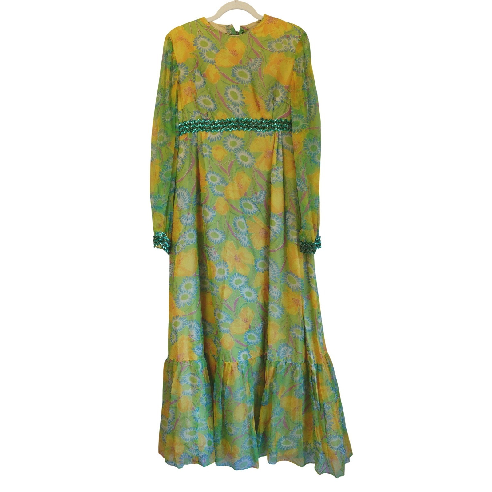 Vintage Boho Hippie Handmade Floral Maxi Dress Green Yellow Sequin 60s 70s Large