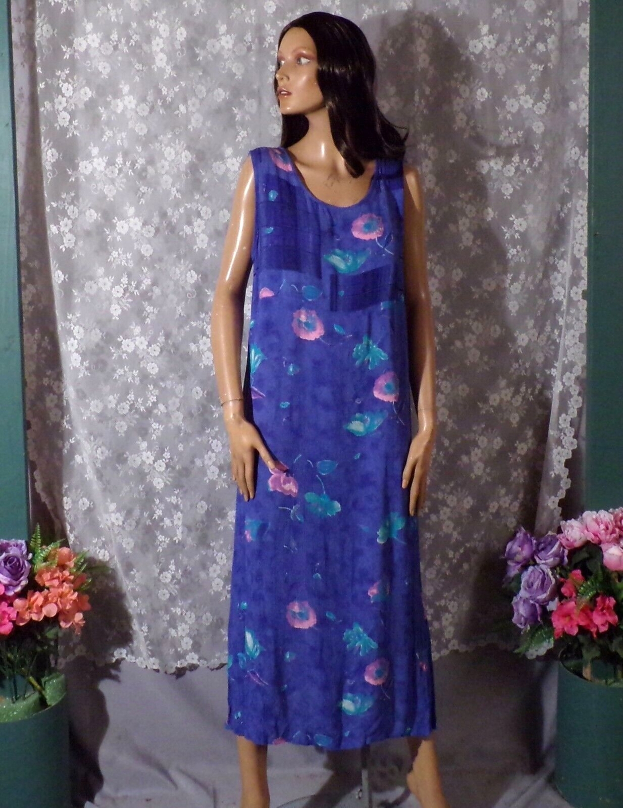 Vintage 90s Blue Floral Dress & Top Size Medium Retro 1990s Boho Watercolors