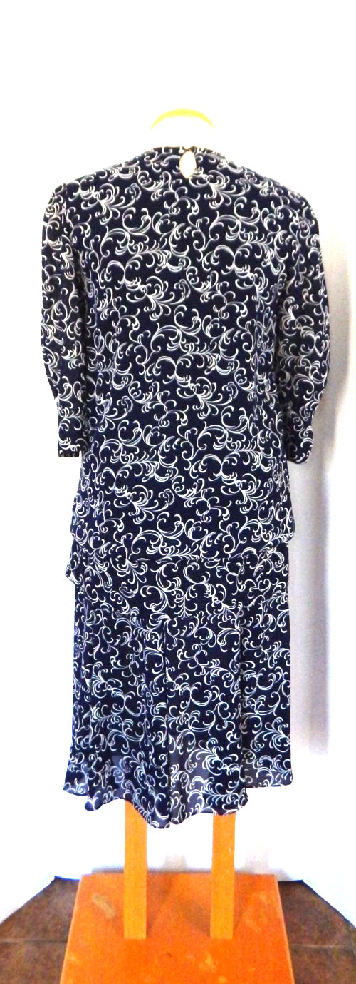 Vintage 80s Liz Roberts Dark Blue Floral Lace Collar Below Knee Dress Size 10