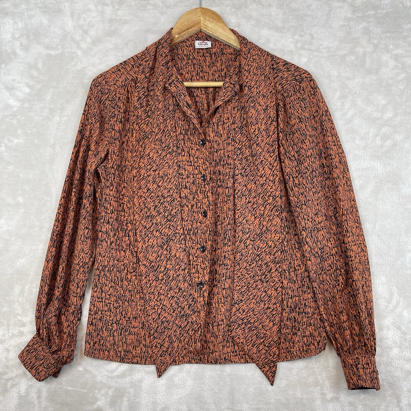 Vintage Bleyle 70s Secretary Blouse Pussybow Bark Print USA Made 6 Office Siren