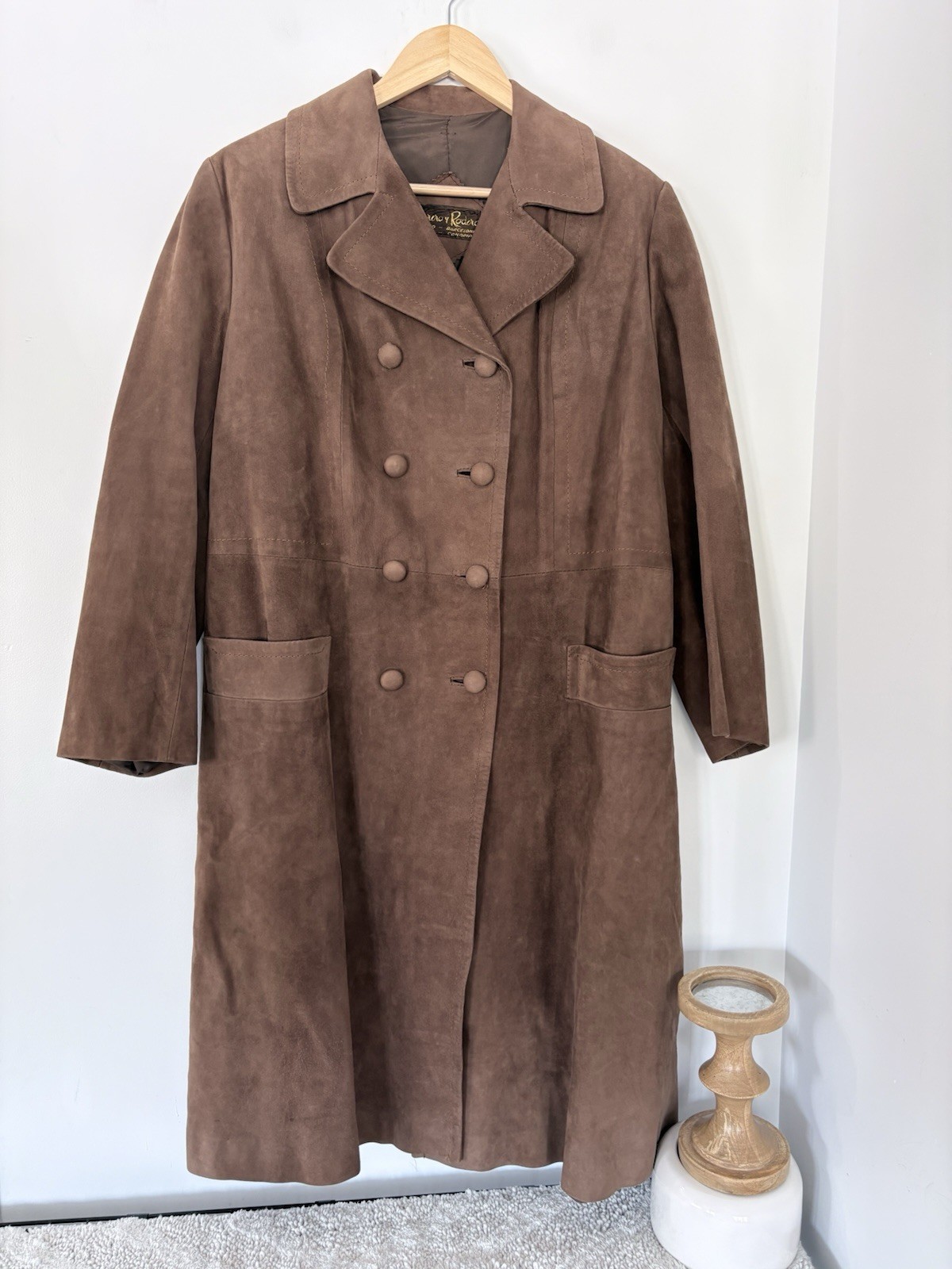 Vintage HERRERO Y RODERO Suede Leather Long Coat Button Sz L 60s 70s Barcelona
