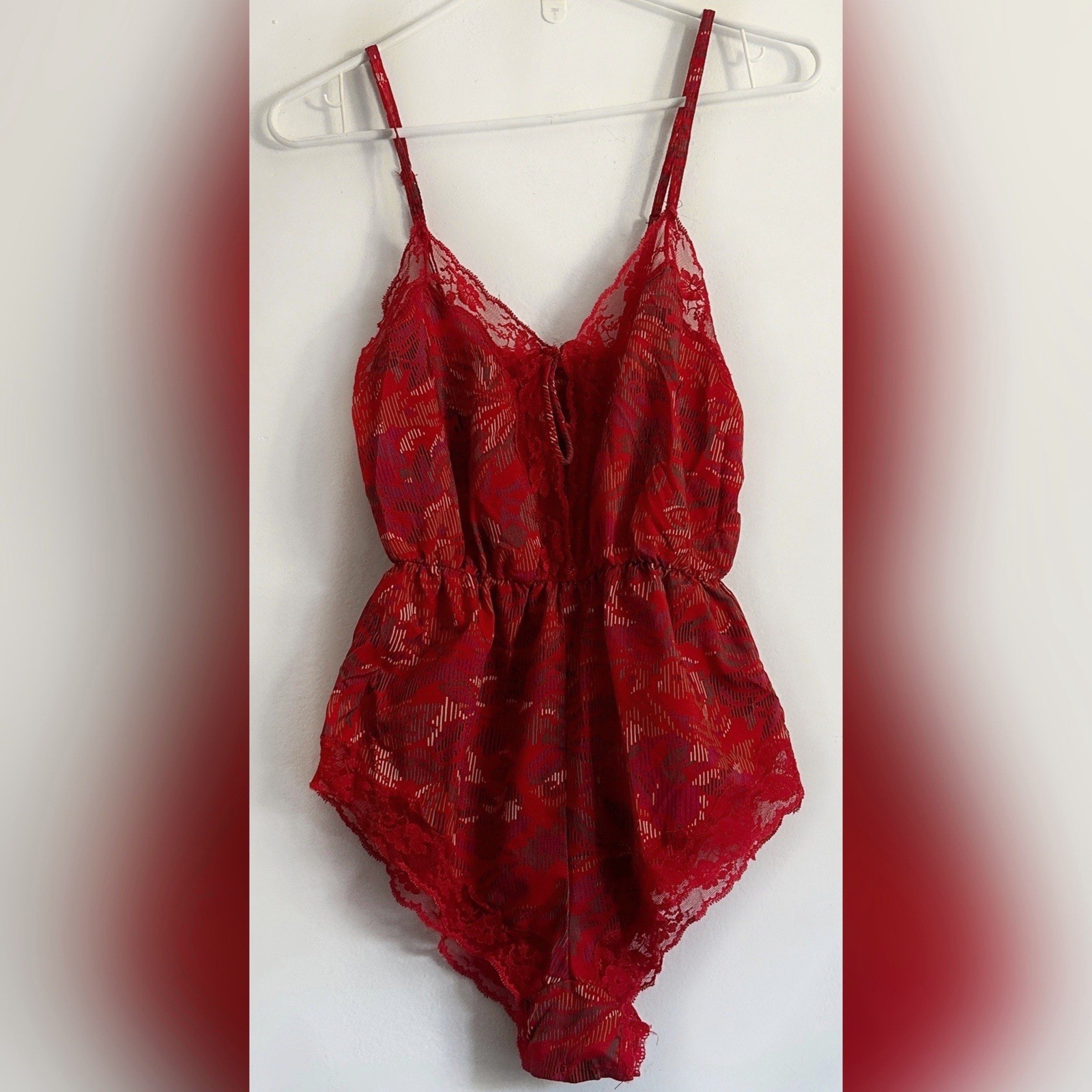 Blush Vintage Red Multicolor Print Lace Cutout Lace Trim Bodysuit Teddy Small