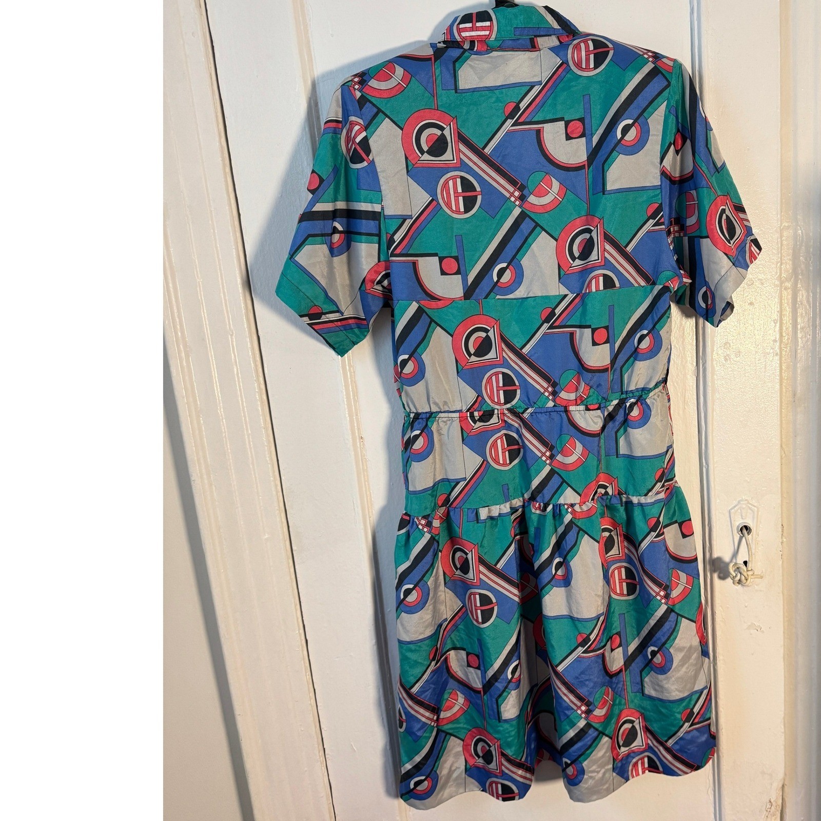 Memphis Vtg 80s Dress Geometric Allyson Holley Abstract Teal Blue L Maximalist