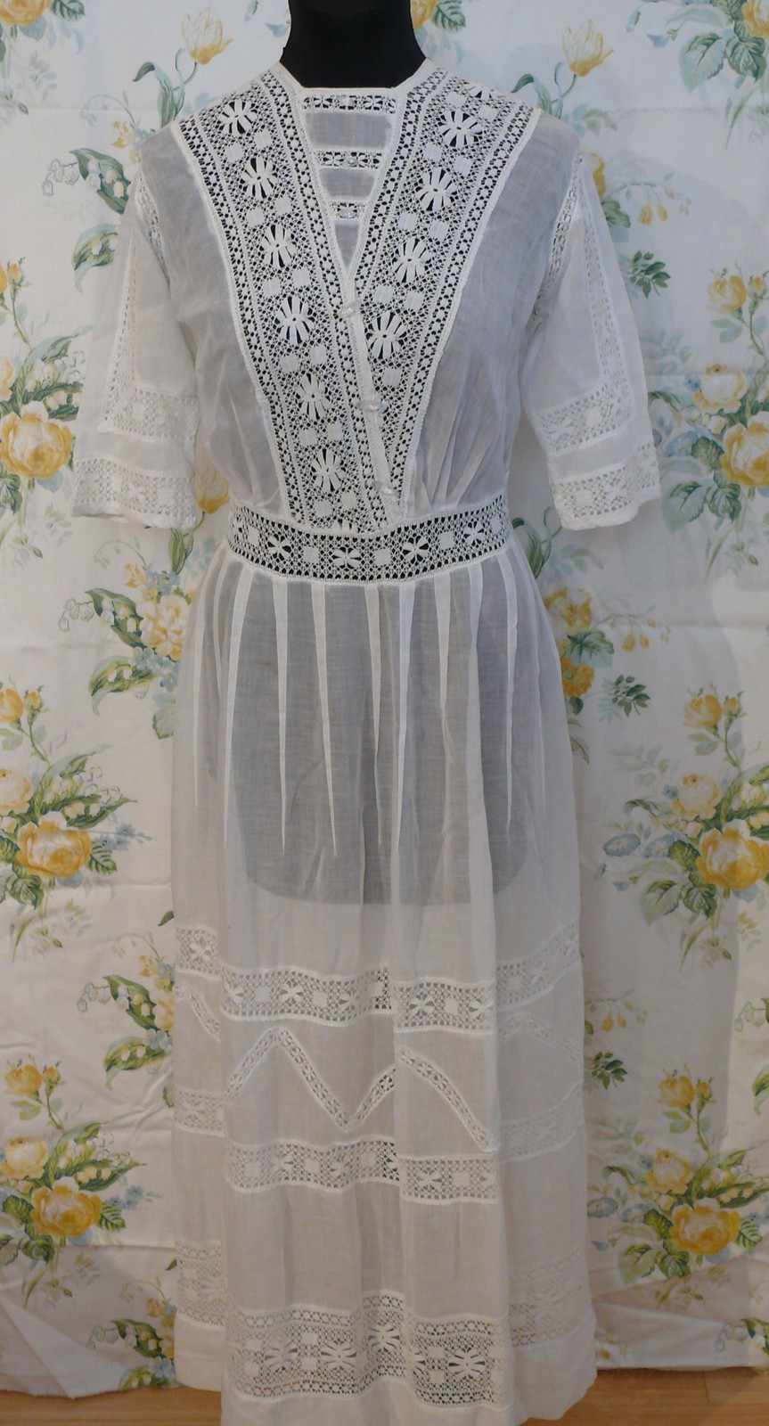 1910-15 Gibson Girl White Long Cool Cotton Lawn Dress w. Lace Grad / Wedding M