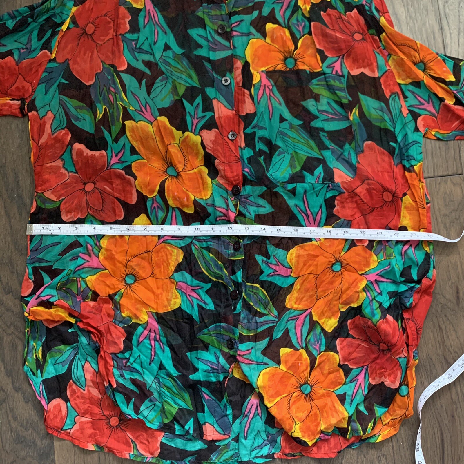 VTG 90s Bright Loud Floral Tropical Button Up Shirt Semi Sheer Blouse Womens S