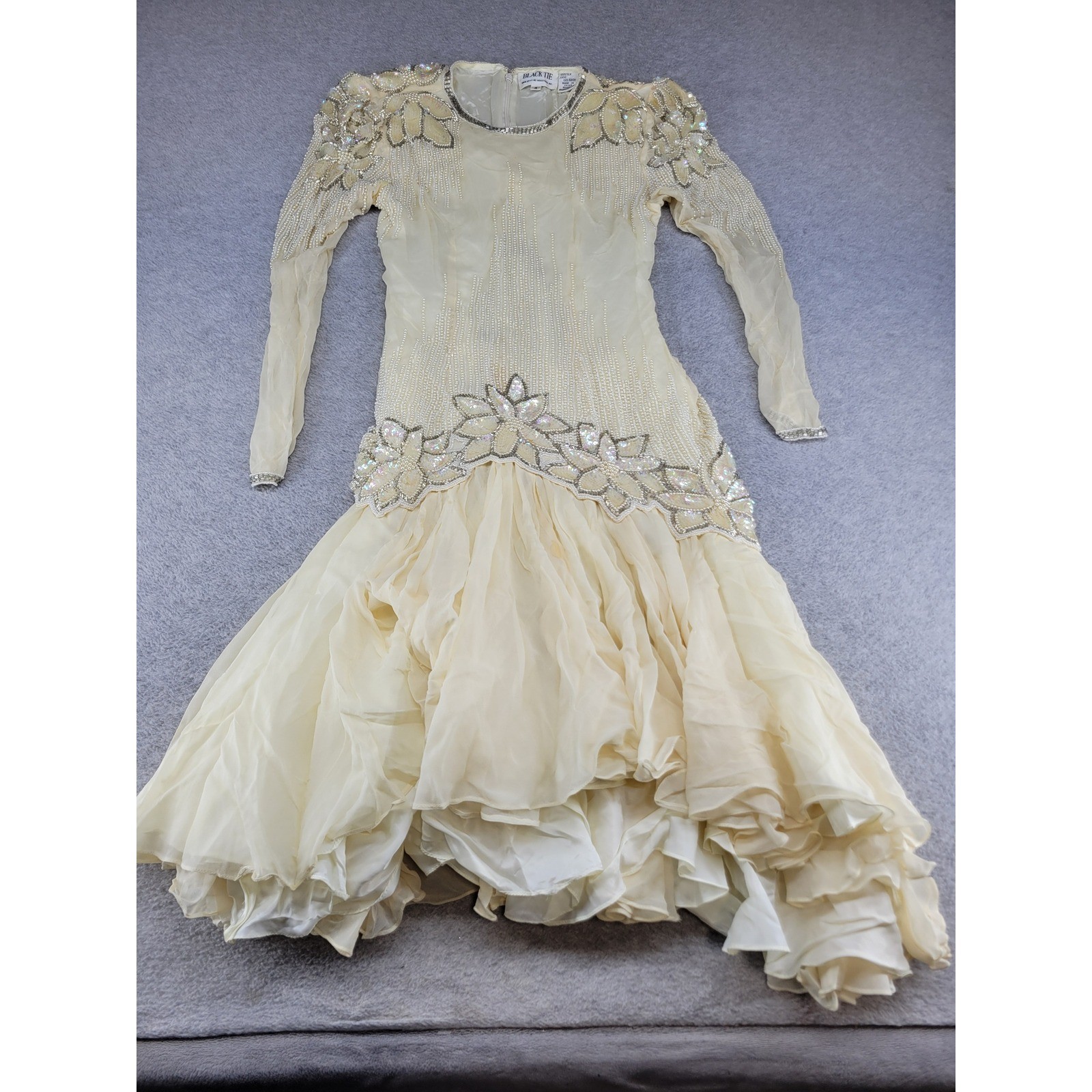 Black Tie by He-Ro Industries Vintage Silk Beaded Pearl Dress Cream Ivory Size 4