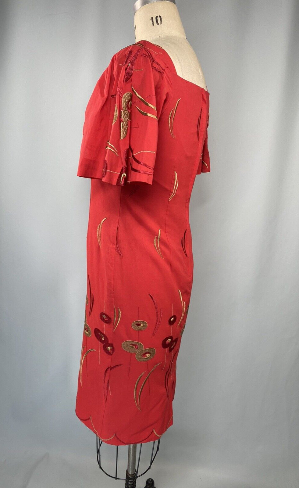 Vintage Dress SIZE SMALL red sheath embroidered 90s 80s Classic