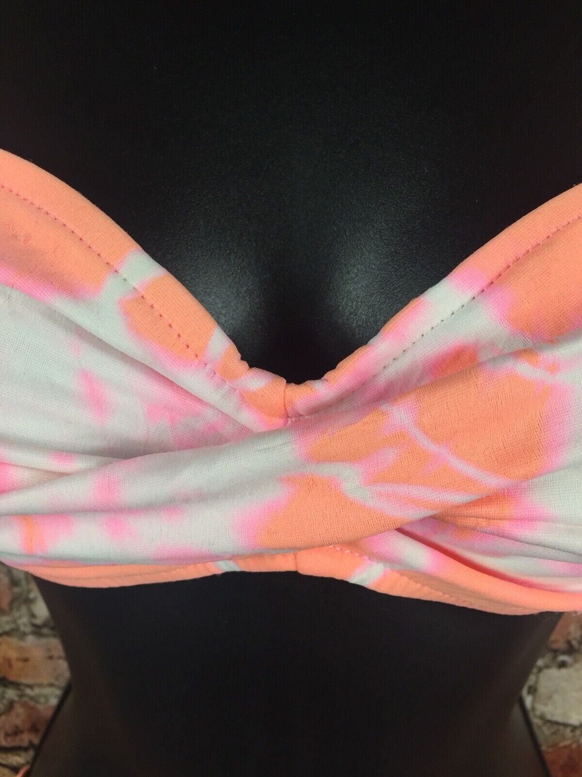 Vintage 80s 90s Neon Tie Dye Bandeau Bikini Top Bottom SET Pink Orange USA Retro