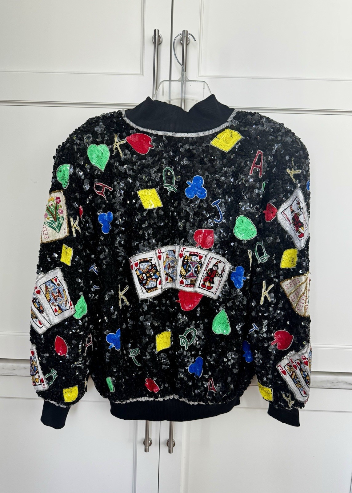 Vintage Creative Creations Winning Hand Sequin Silk Bomber Jacket M Casino Cards