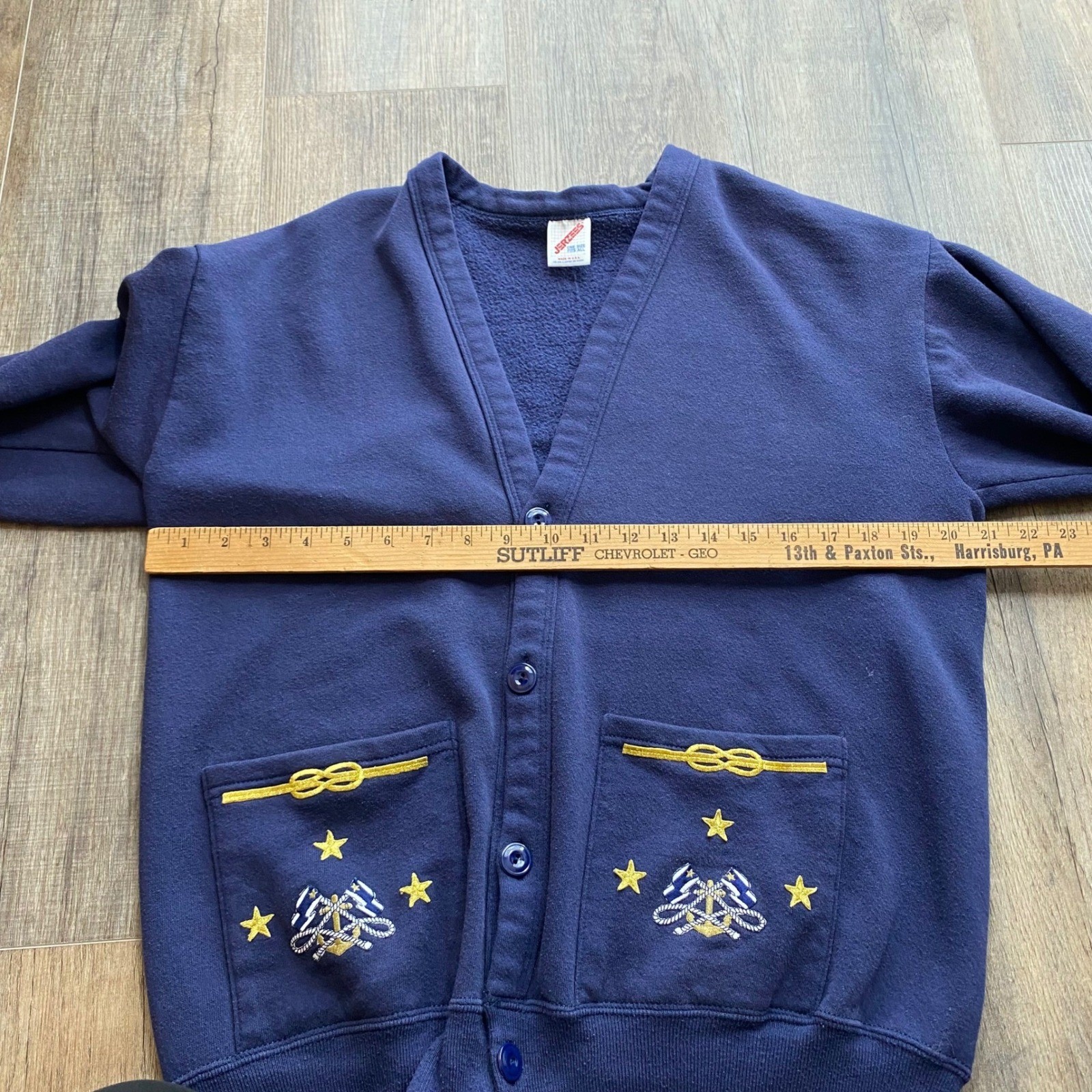 Vintage Jerzees Navy Blue Nautical Embroidered Cardigan Sweatshirt Made in USA
