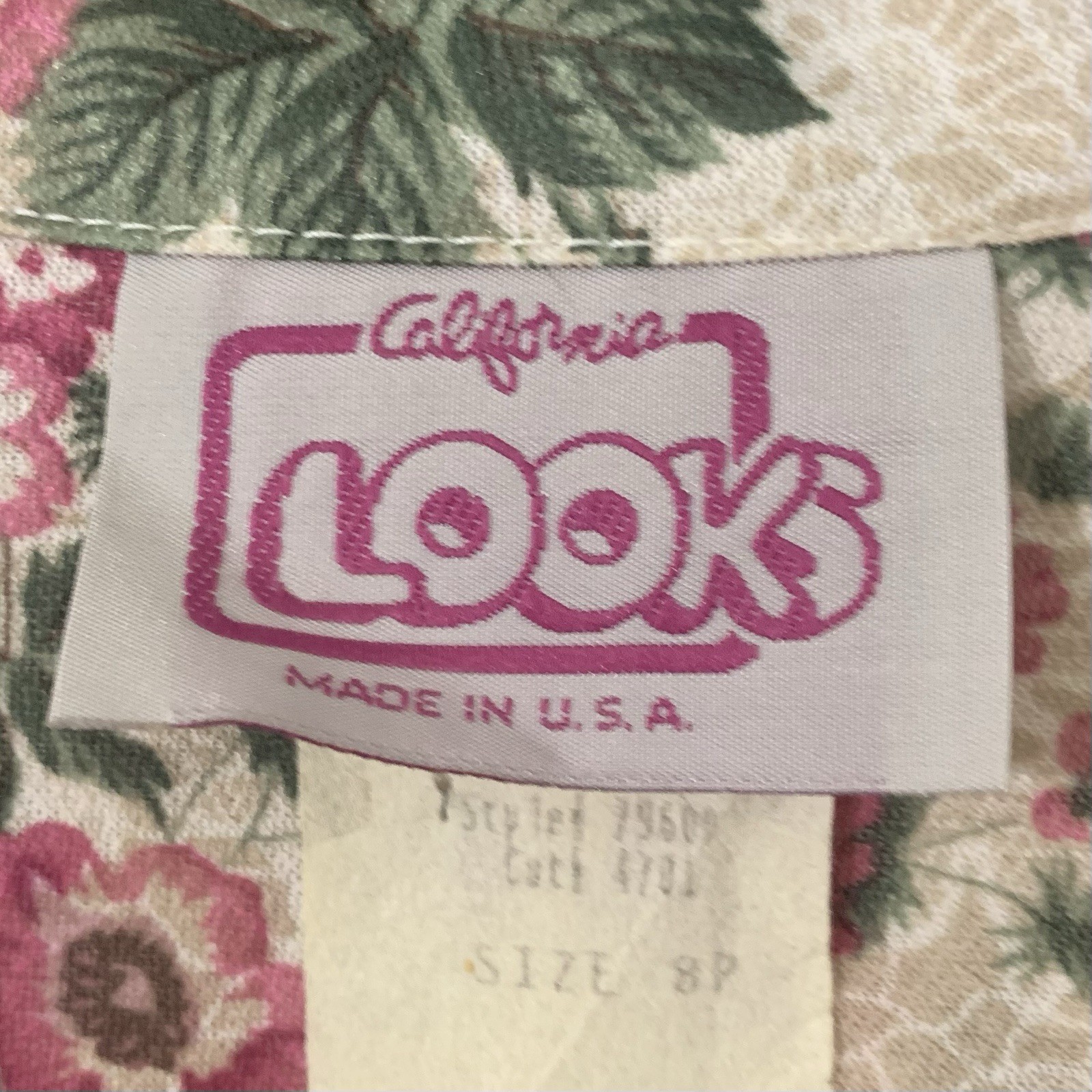 Vtg California Looks Women’s Dress 8P Beige Floral Collared Cinch Waist Belt USA
