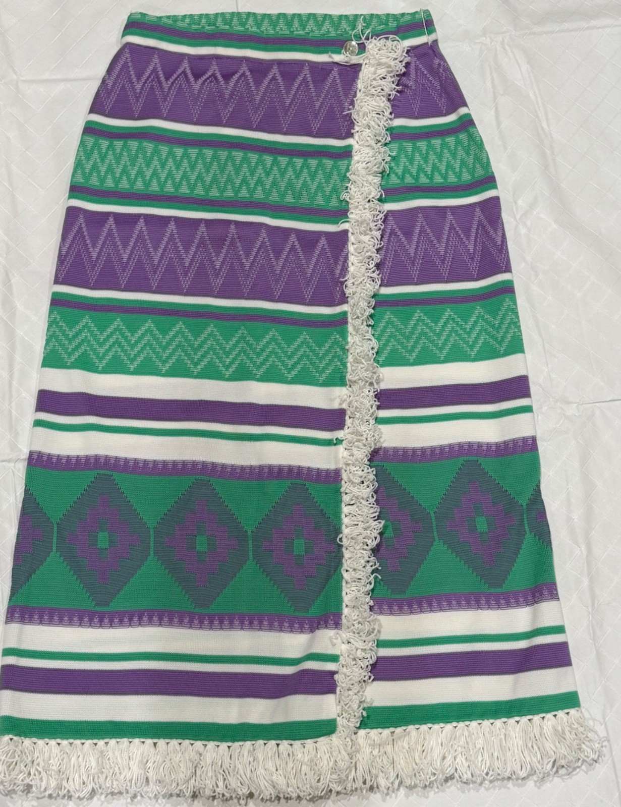 DALTON VINTAGE 60s Lilac Green White PolyKnit Fringes Wrap Skirt-Waist 32″ Sz12