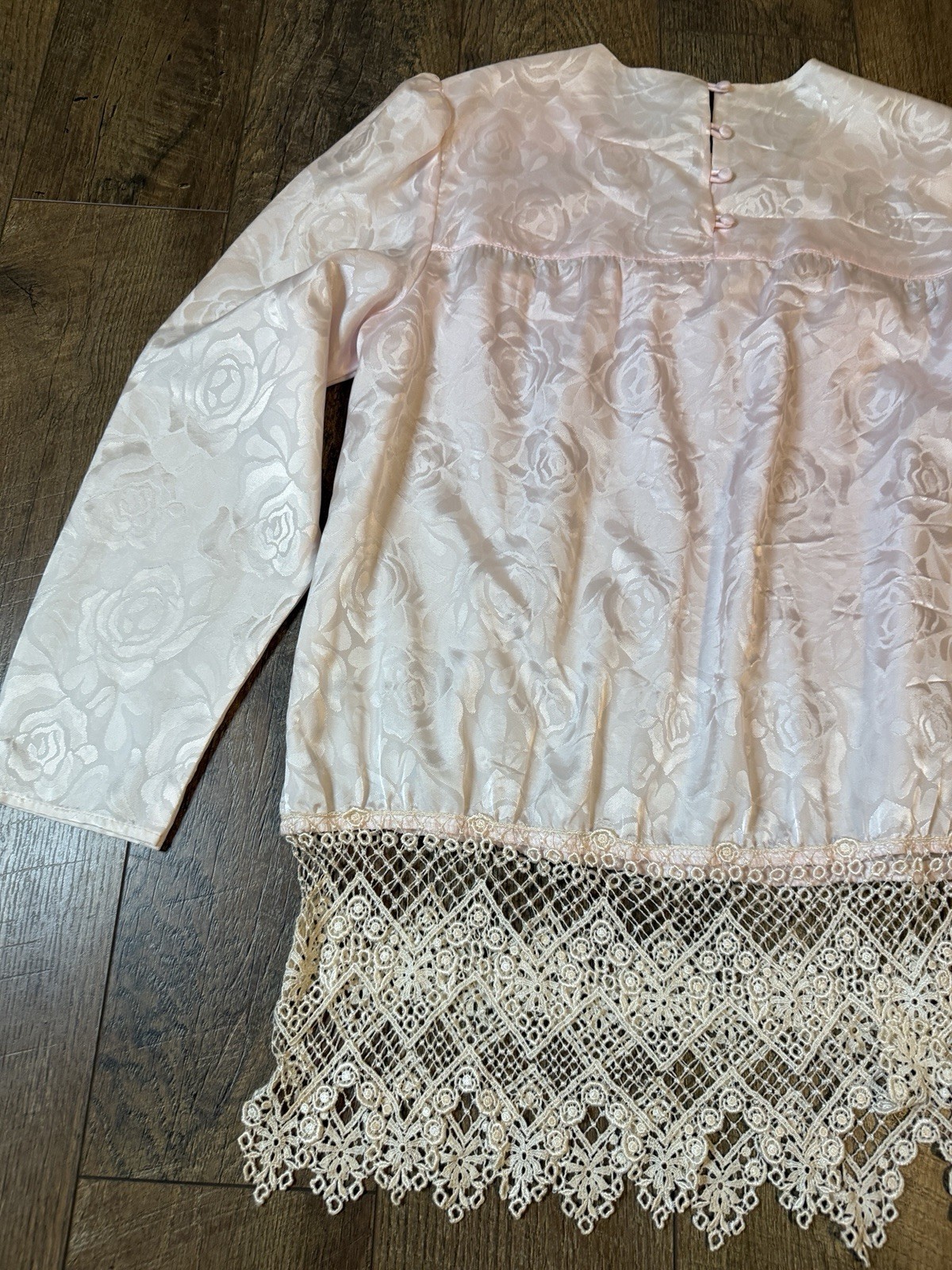 Vintage Satin Floral Pink Edwardian Lace Long Sleeve Blouse Sz 18 (XL)
