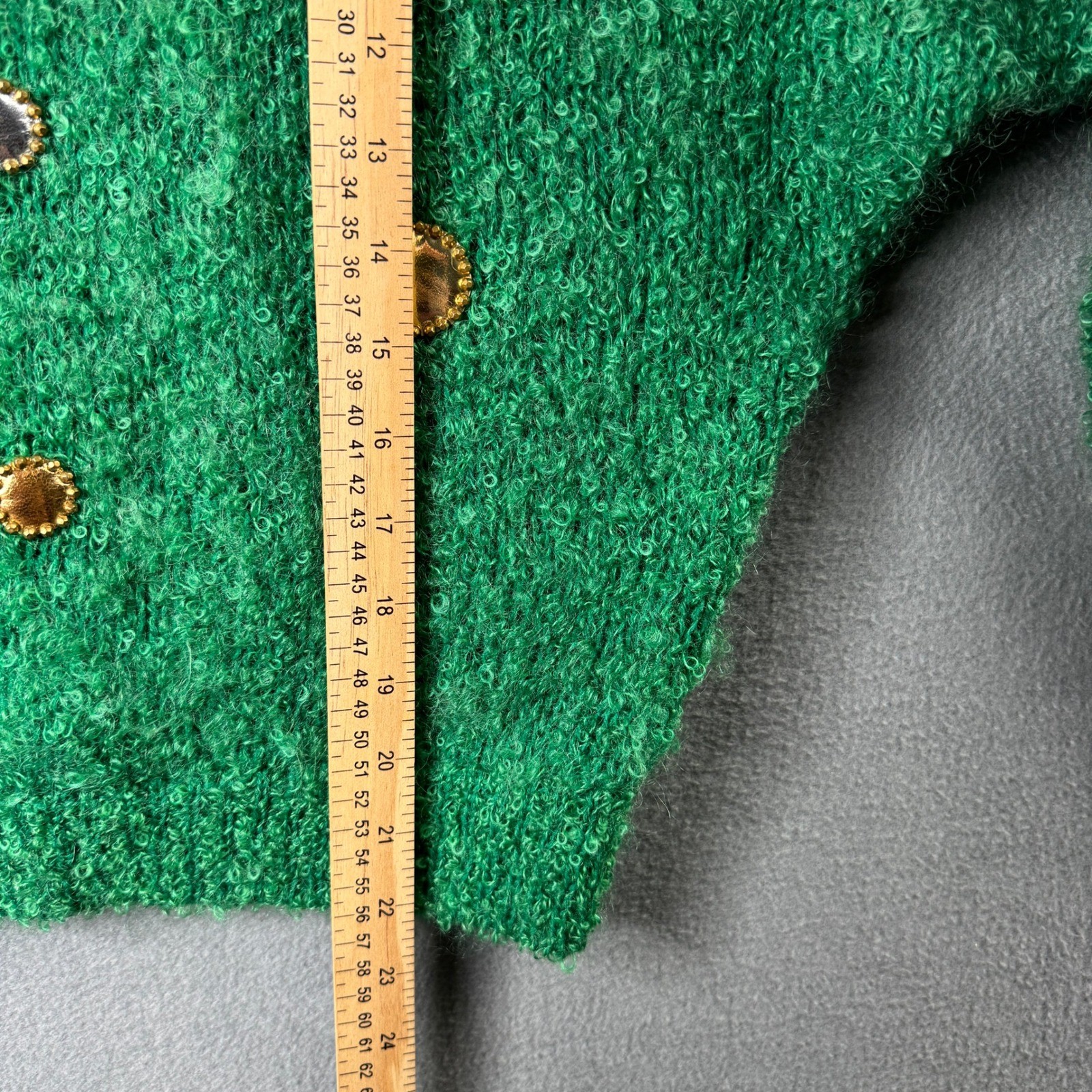 Vintage Jules Tabach California Green Boucle Cardigan Mirror Studded Sweater
