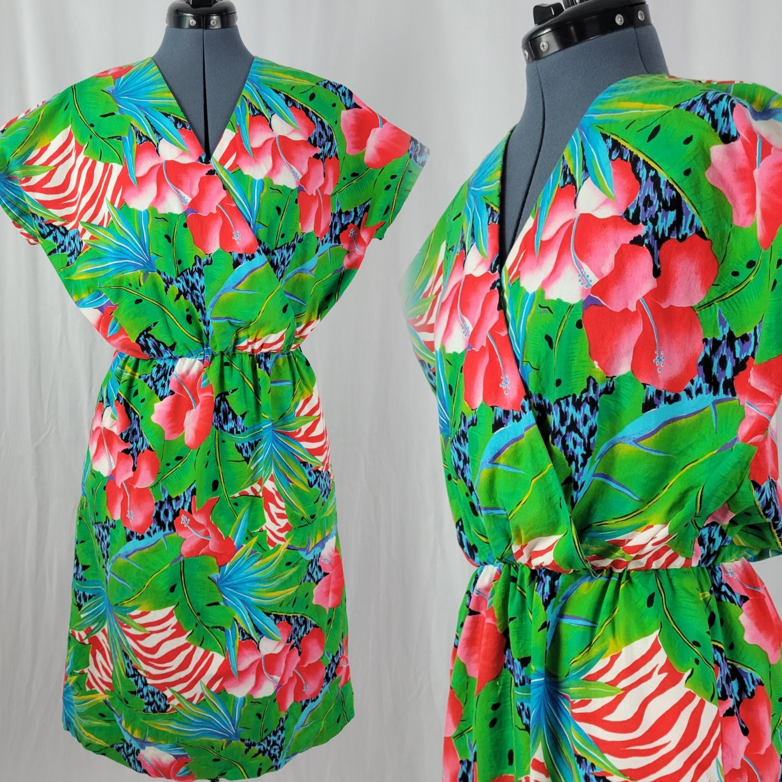 Vtg Green/Red/Blue Tropical Print Wrap Bodice Dress w Elastic Waist Size Med?