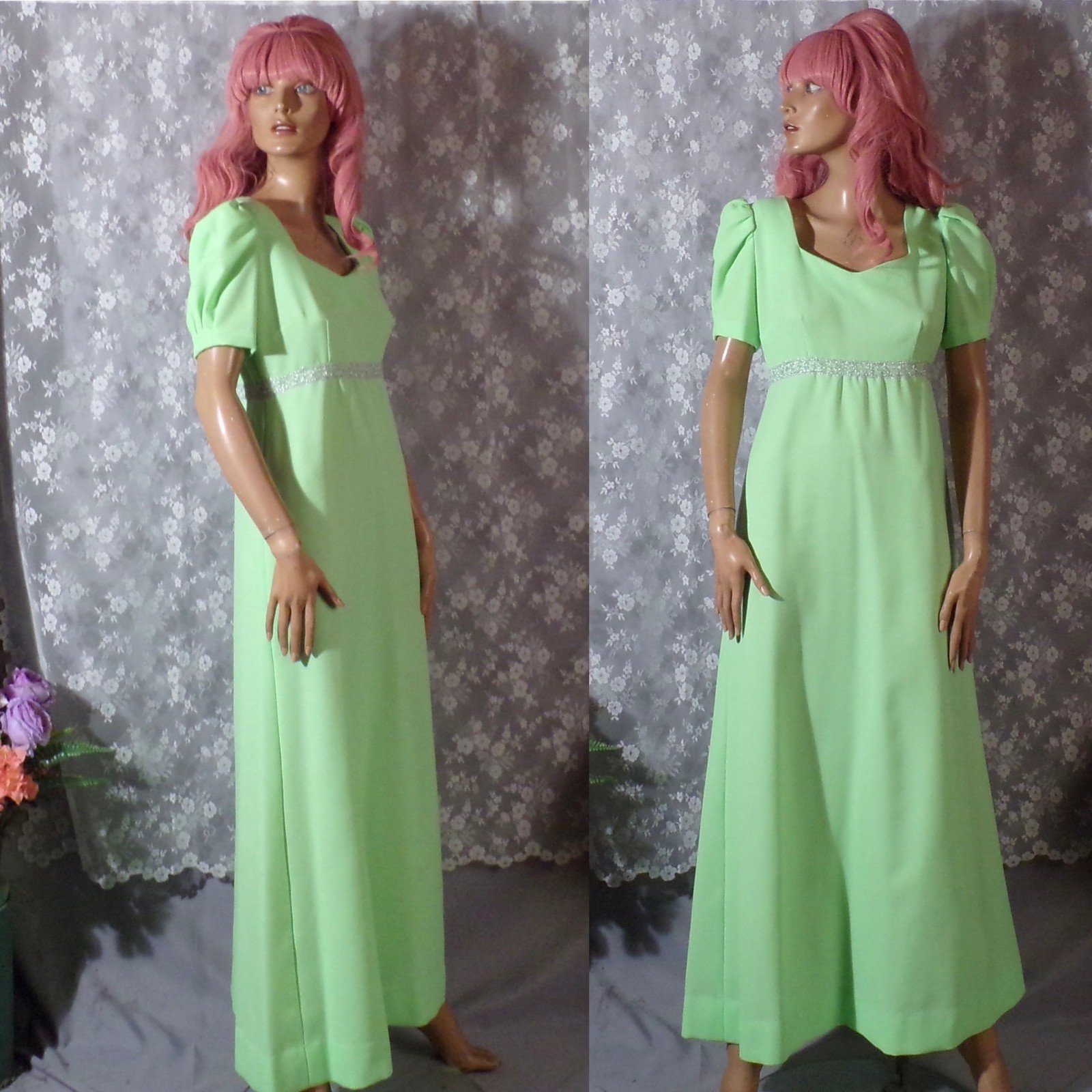 Vintage 70s Maxi Dress Size Medium 1970s Retro Lime Green Empire Waist Long