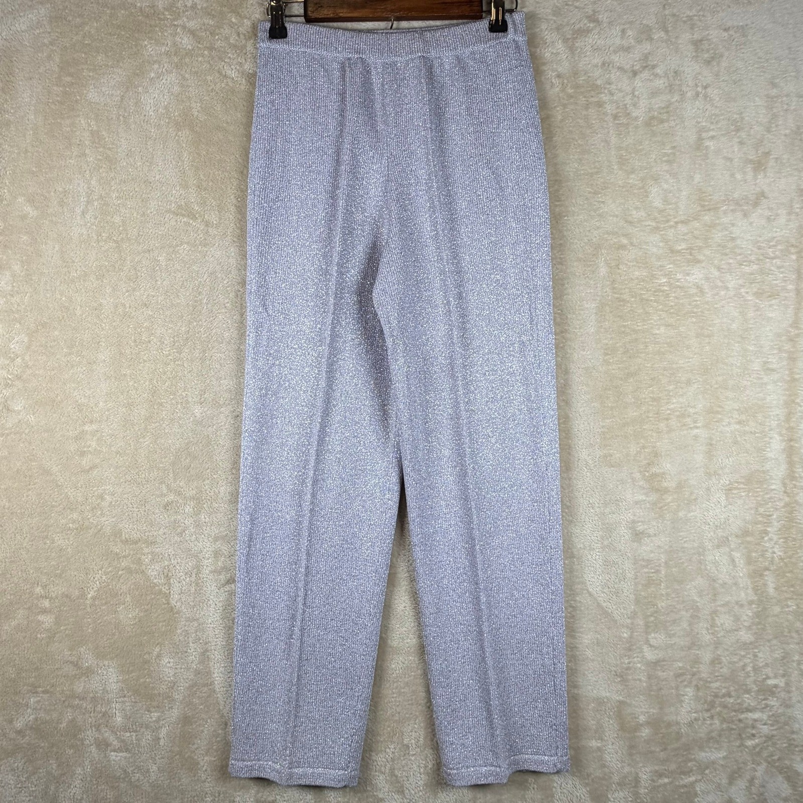 J.S.S. Vintage Women Metallic Knit Pant Suit Silver Wool Blend Rhinestone Petite