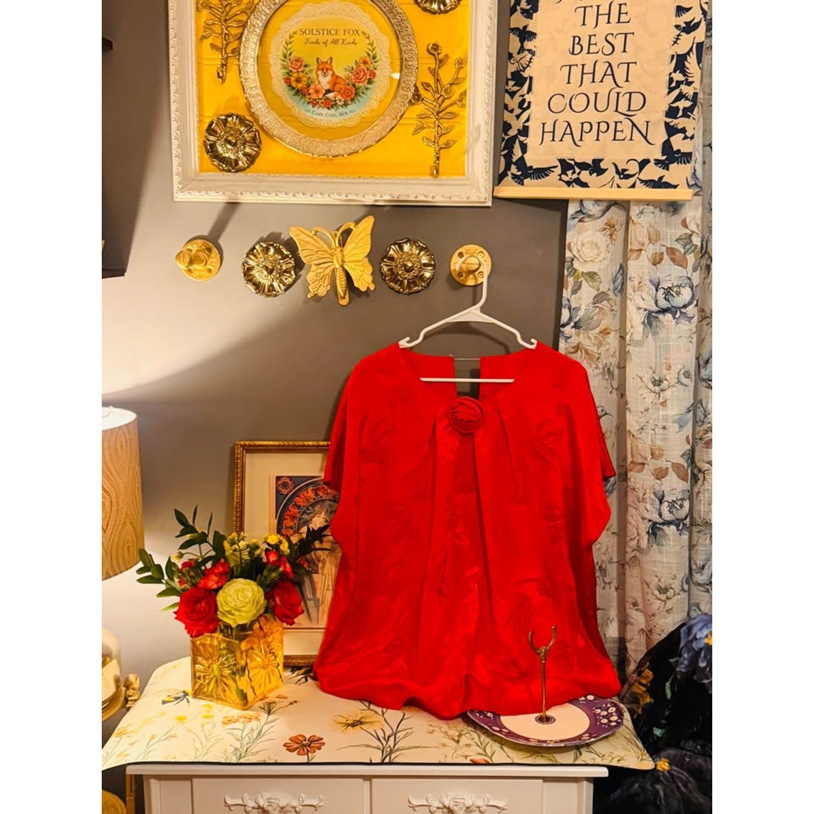 ❤️ Vintage Lori Stevens Blouse | Red Rosette Top | Size 44 (XL) | Retro Chic