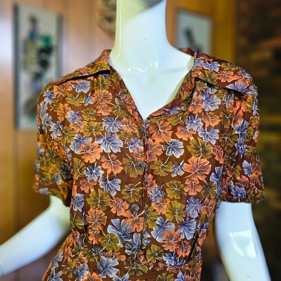 Vintage 40s 50s Novelty Fall Print Volup Shirtwaist Cold Rayon Day Swing Dress L