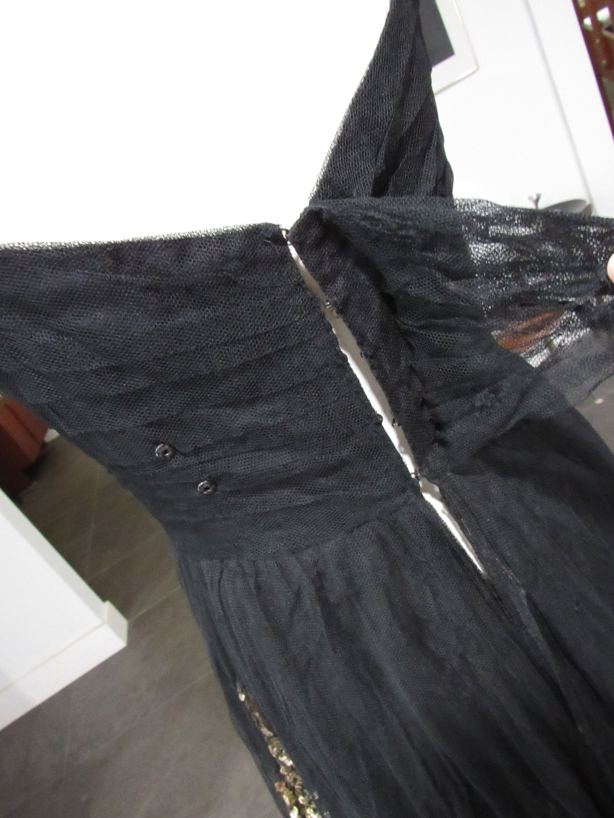 W@W VTG COUTURE 30s 40s formal dress tulle sequins black gold maxi goth witchy M