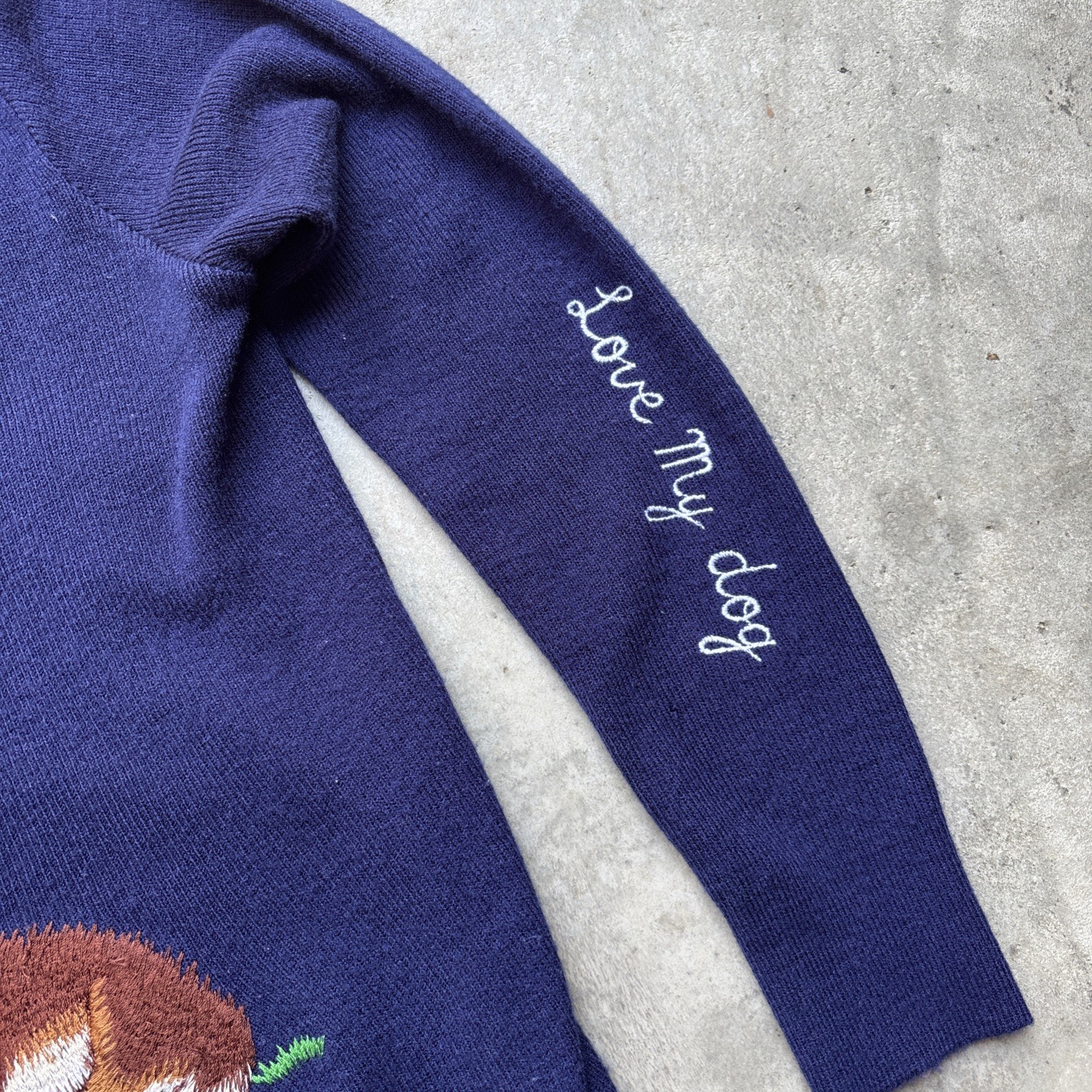 VTG Leroy Blue V-neck LOVE MY DOG… Embroidered Acrylic Sweater Size MEDIUM